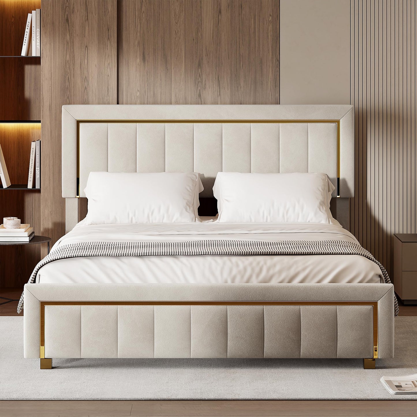 WOBOPCG Upholstered Double Bed 140 x 200, Hydraulic Storage Bed with Slatted Bases, Double Bed with Storage Space, Functional Bed with Storage Space (Grey + Flannel, 140 x 200)