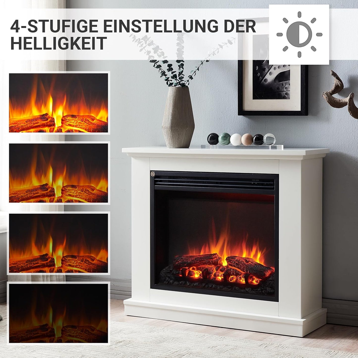 BALDERIA Phanos Electric Fireplace - Electric Standing Fireplace with Heating 1000/2000 W, Realistic 3D Flame Effect, Remote Control, Programmable, Timer, Thermostat - White (White)