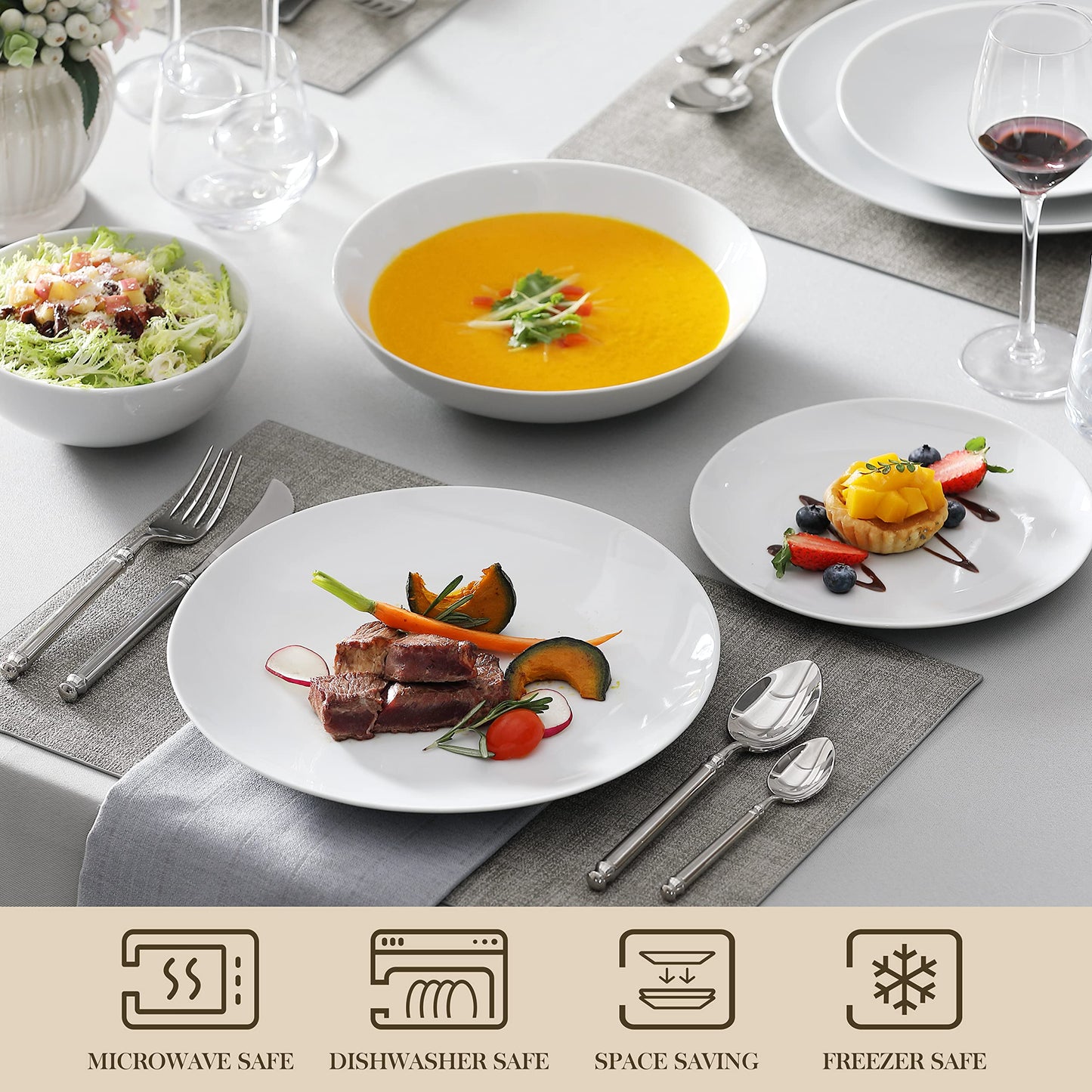 MALACASA Geschirrset 6 Personen, Amelia 24-tlg Modernes Porzellan Geschirr Set, Tafelservice mit je 6 Speiseteller, Dessertteller, Suppenteller und Müslischalen, Teller Set 6 Personen - Weiß