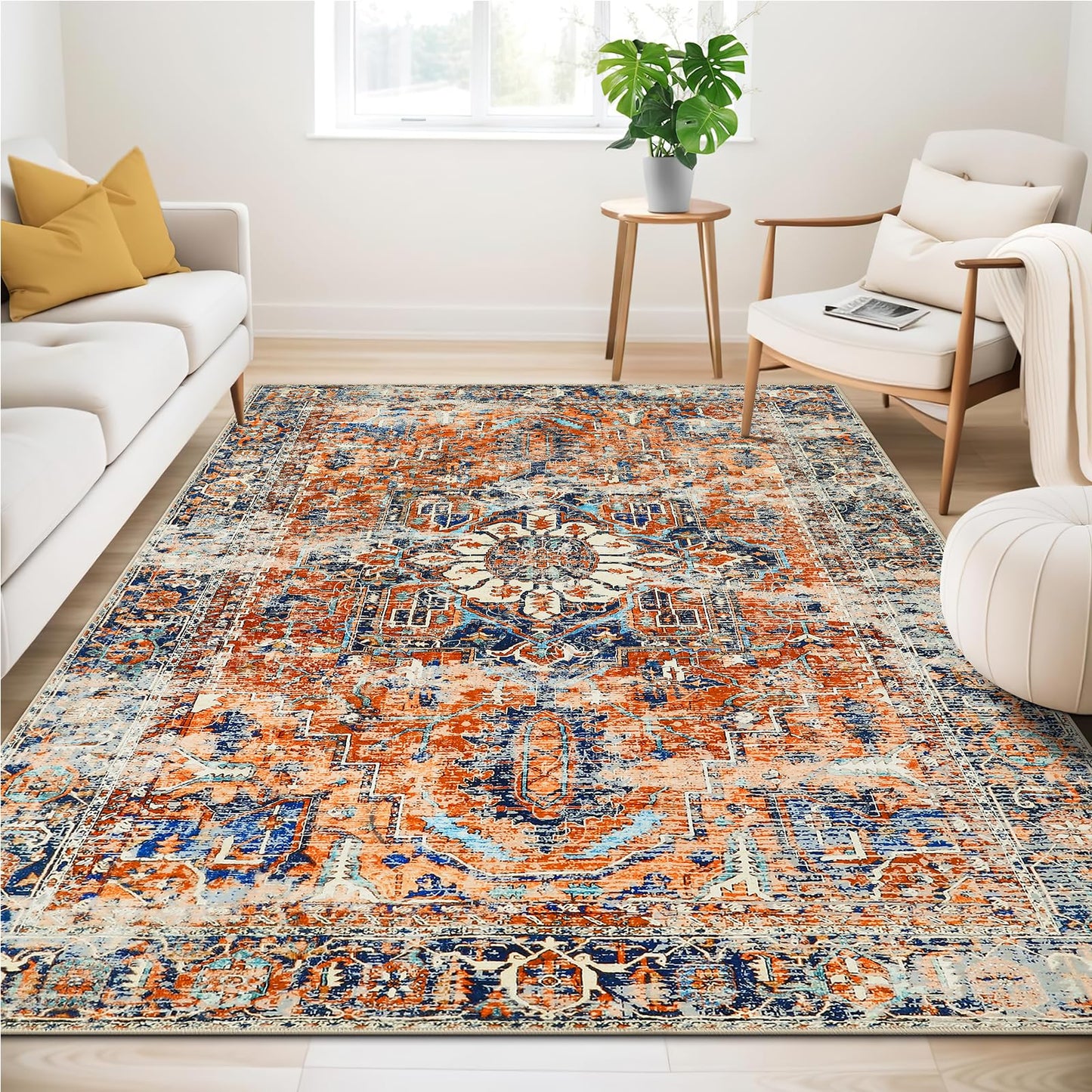 WONGS BEDDING Boho Rug Living Room Bedroom Short Pile Rugs Washable Soft Non-Slip Vintage Design