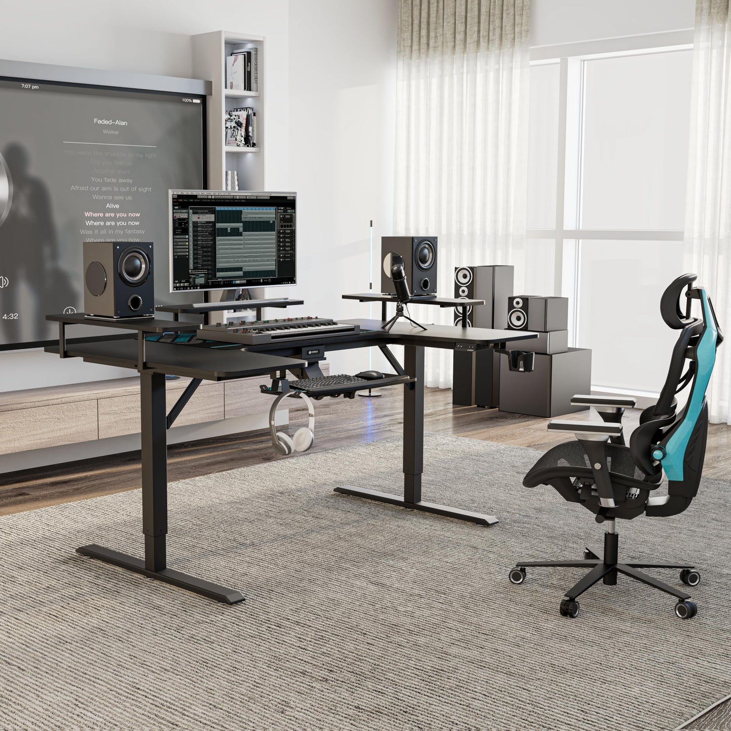 EUREKA ERGONOMIC Height Adjustable Desk 182 x 76 cm Standing Desk in Wing Shape Gaming Table Height Adjustable Electric Large Gaming Desk with LED Monitor Stand and Keyboard Shelf