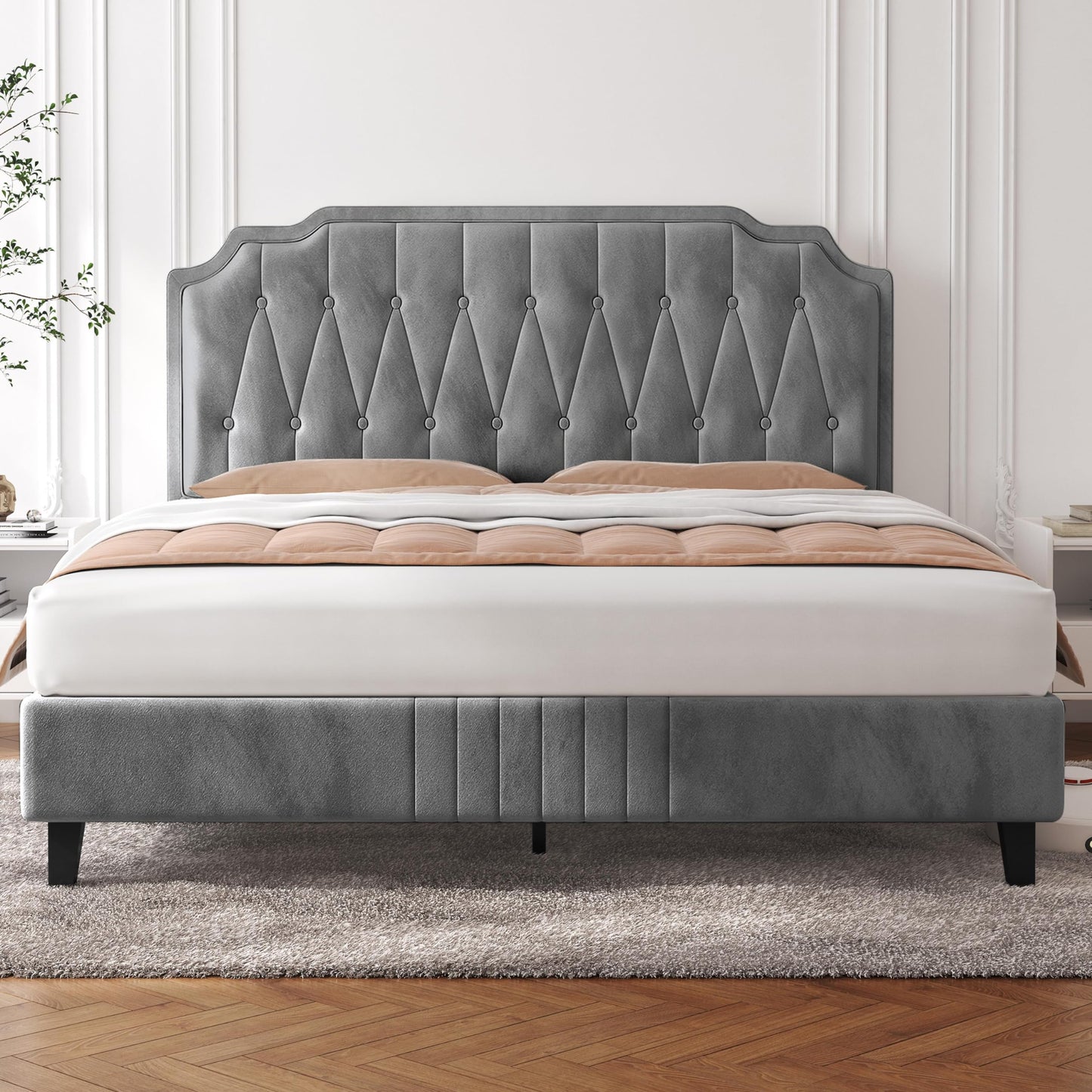 Yaheetech Upholstered Double Bed 140 x 200 cm Fabric Bed Youth Bed Padded Bed with Height-Adjustable Headboard Bed Frame with Slatted Frame, Dark Grey
