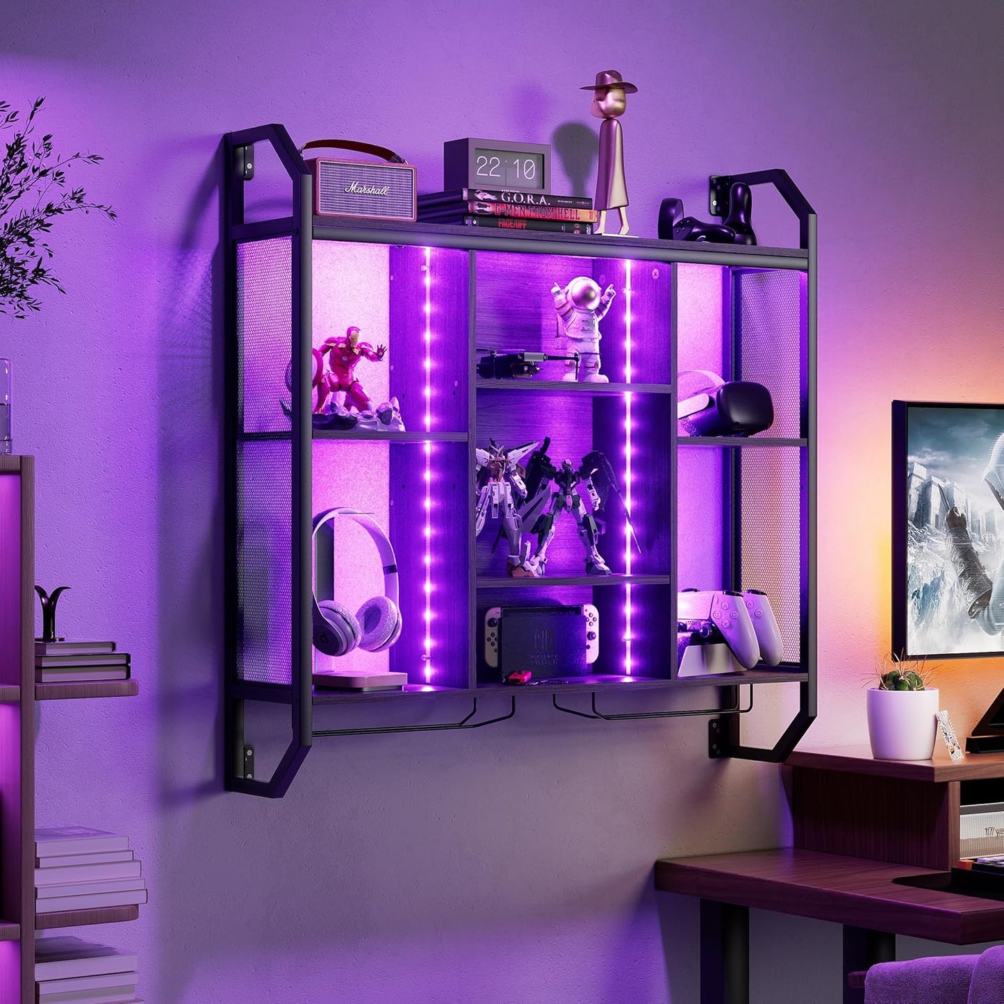 Weinregal Wand Mit LED-Licht 90*90CM Weinregal Zur Wandmontage Aus Eisen+MDF Flaschenregal Wand Weinregale Mit Glashalter Schweberegale Wandregal mit verstellbarem Regalboden für Bars,Weinkeller,Küche