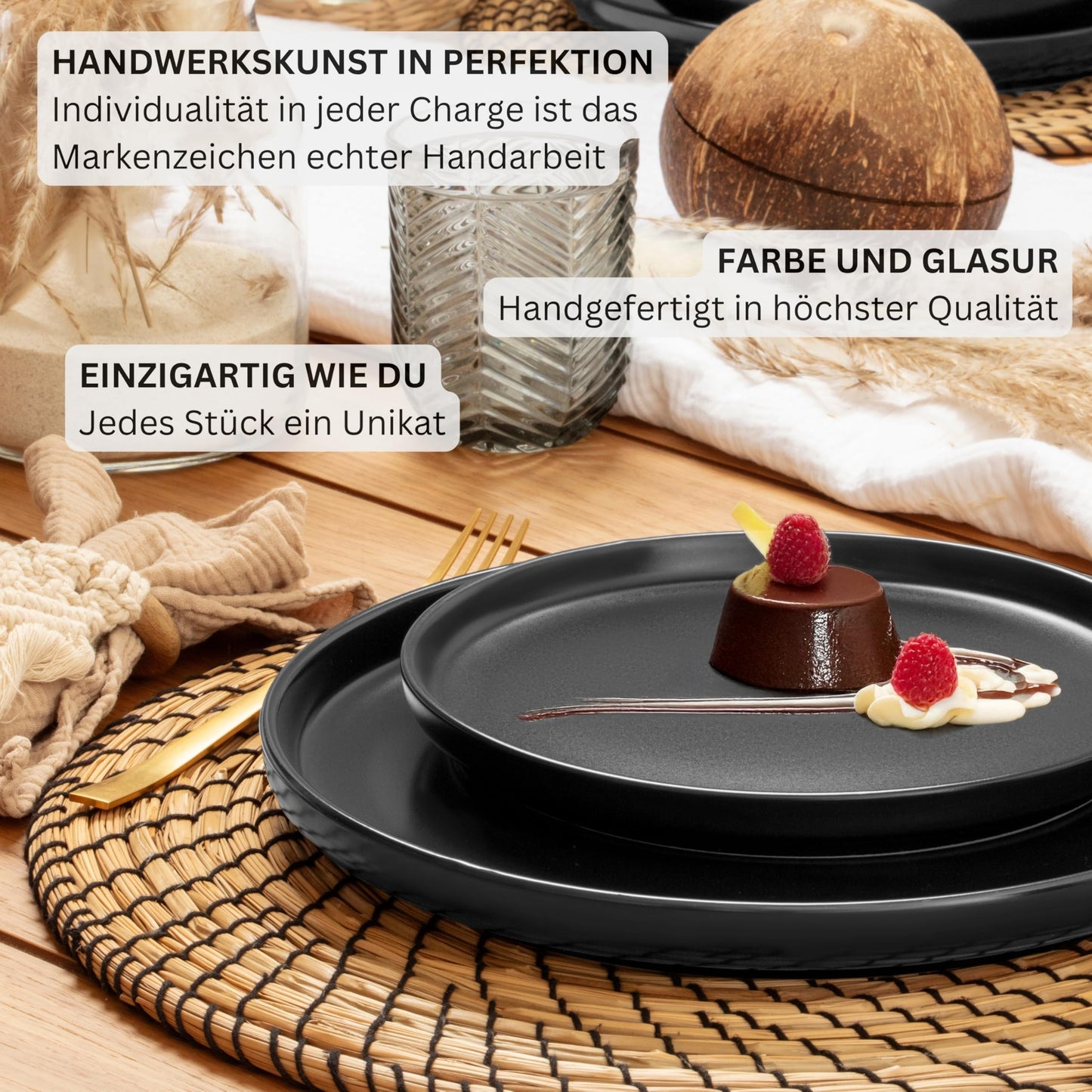 SÄNGER Madeira | Steingut Geschirr Set 18 tlg, Teller Set 6 Personen, Geschirrset 6x Speiseteller 6x Müslischalen 6x Dessertteller, Tafelservice schwarz kratzfest, Essgeschirr matt | VALUE COLLECTION