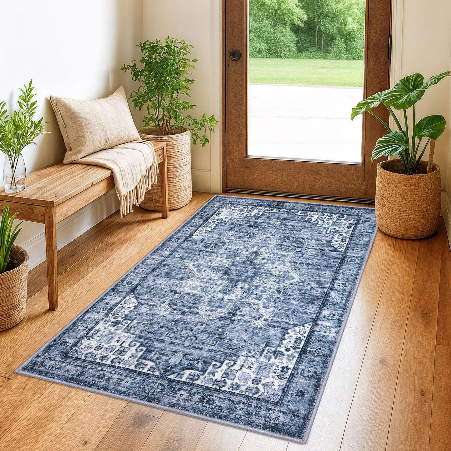 2x3 Blue Washable Rug for Entrance, Soft Traditional Area Rug, Non-Slip Printed Kitchen Rugs, Low-Pile Medallion Indoor Door Mat, Small Farmhouse Carpet for Entryway Kitchen Foyer Bedside