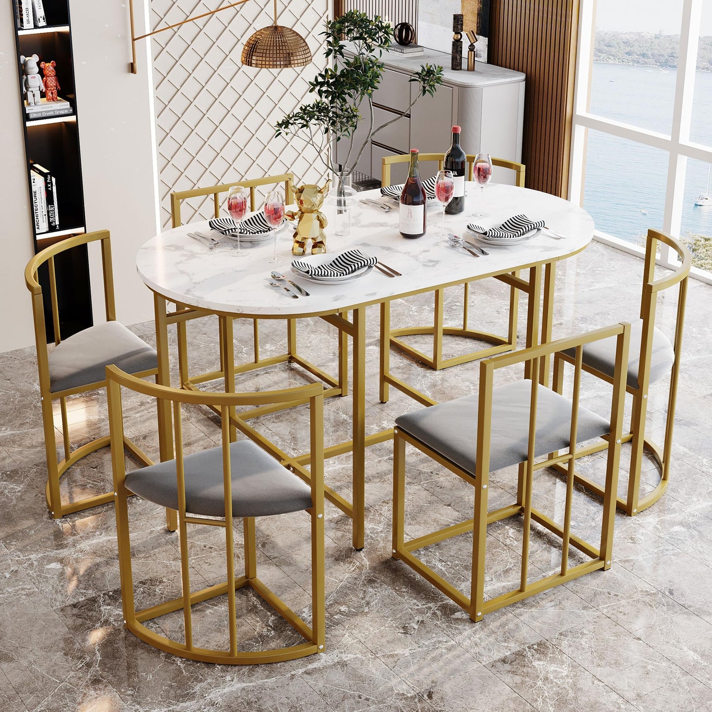 Gegtuon Esstisch 7 teilig für 6 Personen 140x80x76cm, Esstisch Rund mit 6 Stühlen und Tisch, Modern Küchentisch Metallgestell mit Rückenlehne, Essgruppe für Esszimmer Wohnzimmer Küche, Schwarz
