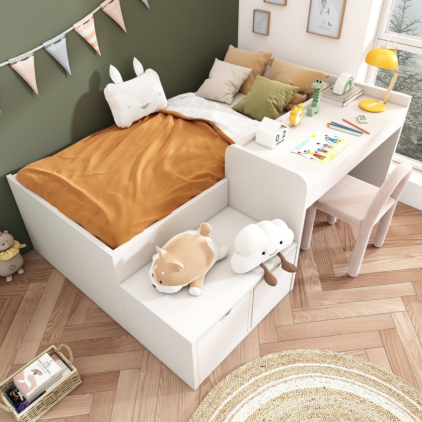 RIAZOS Kinderbett Holzbett 90x200 cm, Massiveholz Einzelbett mit Schreibtisch und Schubladen, Stauraumbett mit Lattenrost, für Jungen & Mädchen, ohne Matratze, Weiß