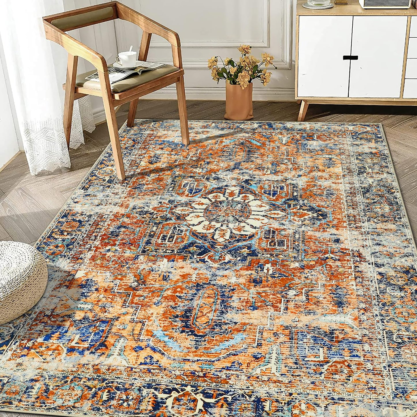 WONGS BEDDING Boho Rug Living Room Bedroom Short Pile Rugs Washable Soft Non-Slip Vintage Design