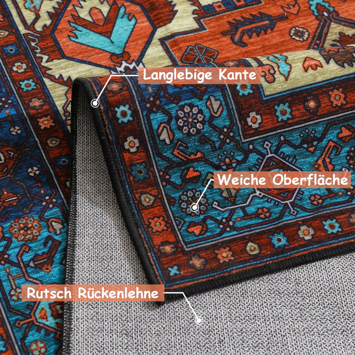 WONGS BEDDING Boho Rug Living Room Bedroom Short Pile Rugs Washable Soft Non-Slip Vintage Design