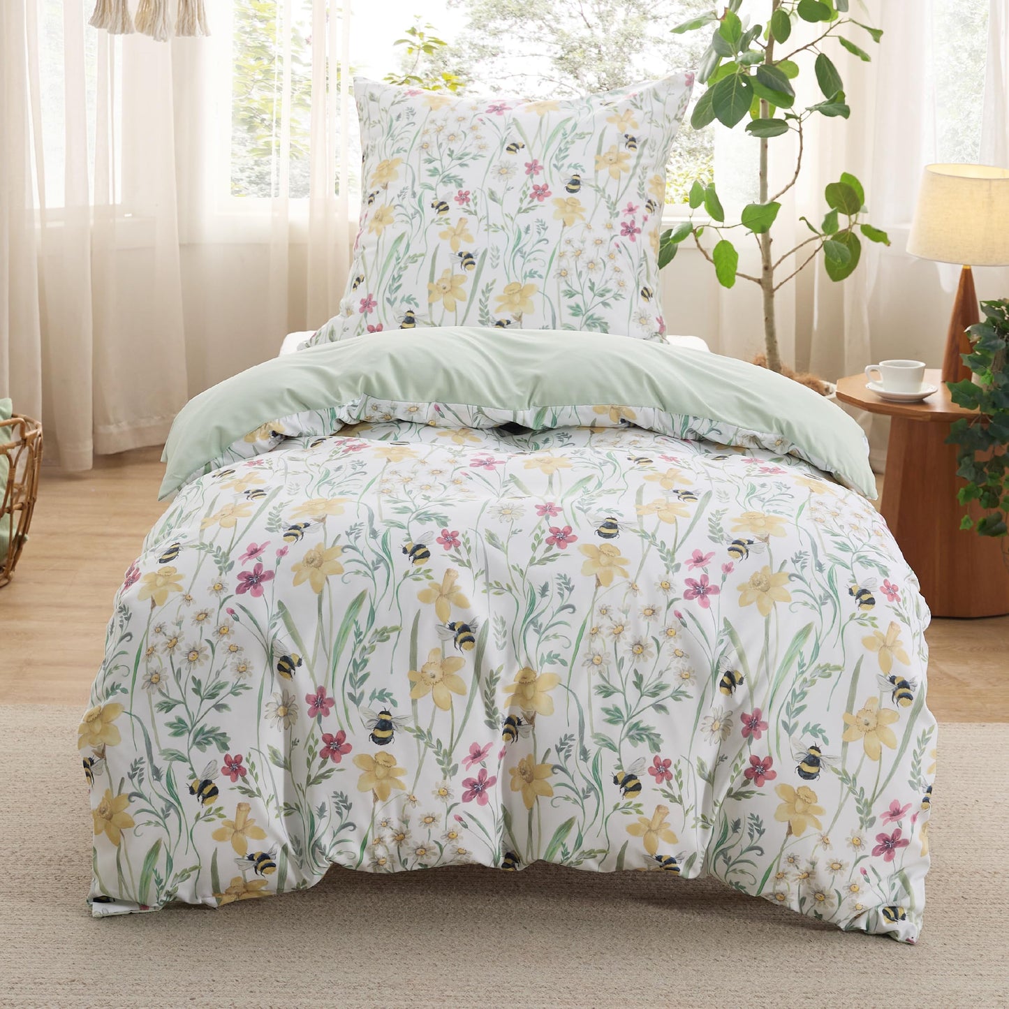 BEDSURE Bettwäsche 135x200 4teilig Bettbezug - Bettwäsche-Sets 135 x 200 cm 2er Set mit 2 Kissenbezüge 80x80cm, ÖKO-TEX Wendebettwäsche Bedding Zweige Grau Muster mit Reißverschluss