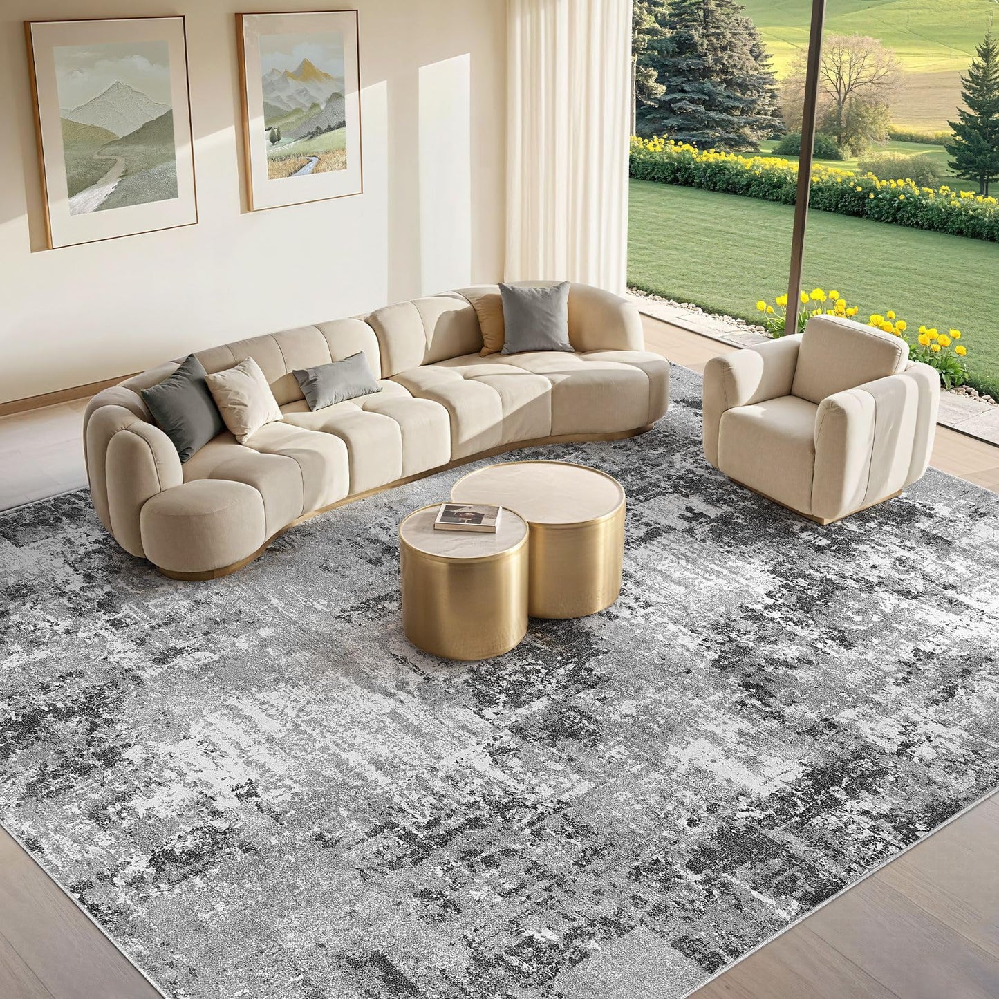 Tortania Washable 5x7 Area Rug for Living Room: Modern Abstract Neutral Large Soft Thin Rugs - Non Slip Indoor Carpet for Bedroom Dining Room Office Nursery Home Floor Decoration - Grey