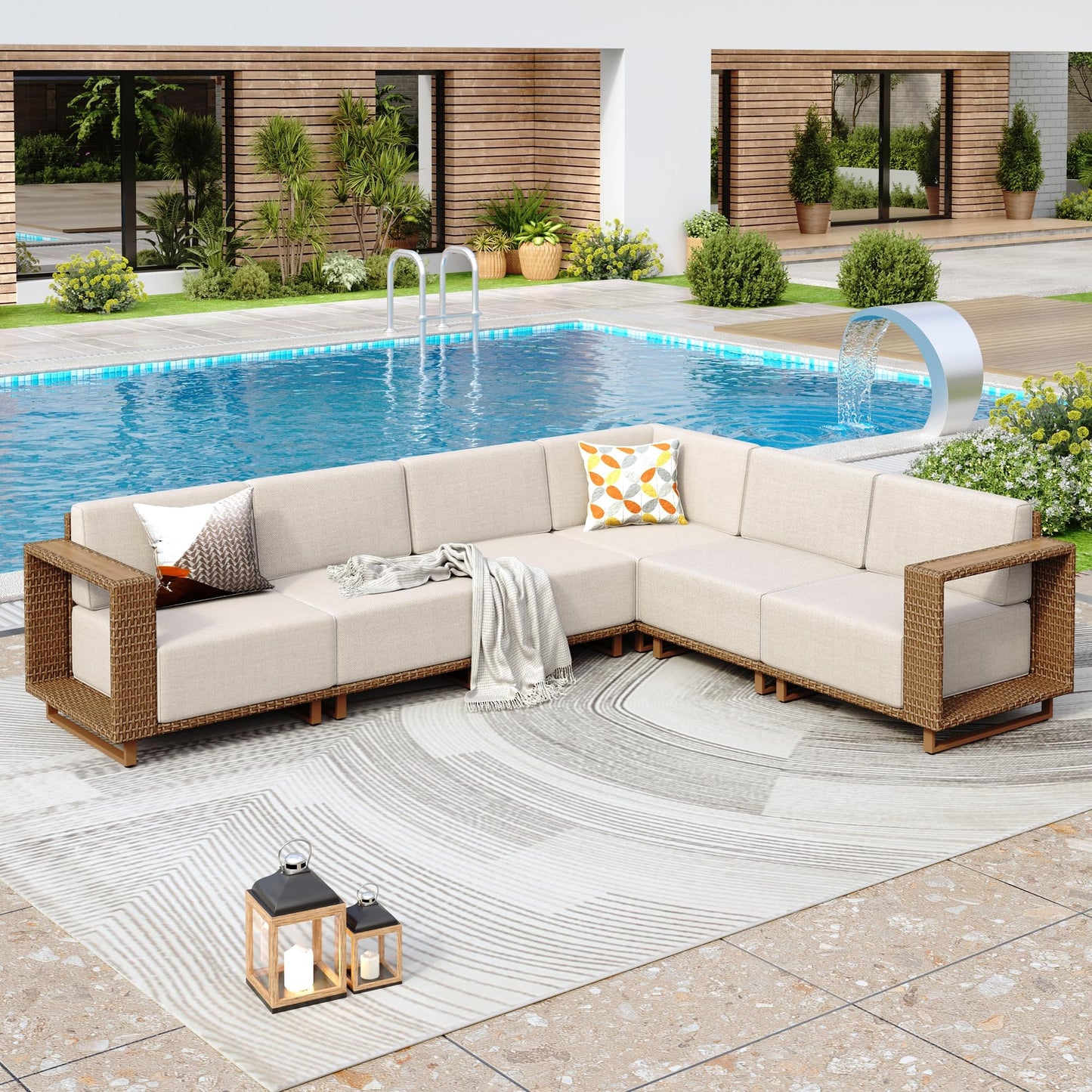PHI VILLA Rattan Gartenmöbel Set Balkonmöbel für 6, Lounge Möbel Outdoor Sofa Sets für Garten und Terrasse, Allwetter Gartensofa Terassenmöbel Außen mit Dicken Weißen Kissen und Ergonomischem Design
