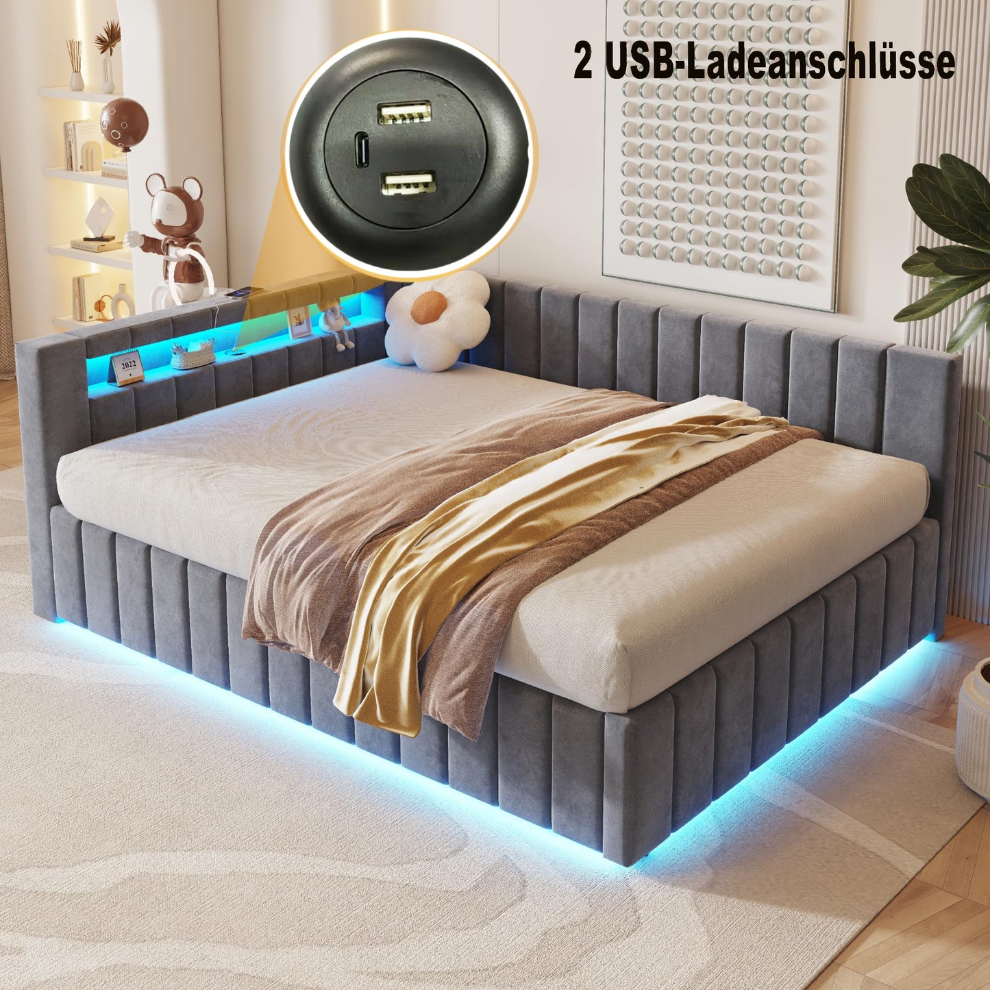 KEYIDE Upholstered Sofa Bed, 140 x 200 cm with LED Lighting and USB Charging, Bed Frame with Wooden Slatted Frame, Day Bed, Guest Bed, Youth Bed, Velvet Fabric, Without Mattress (Grey, 140 x 200)