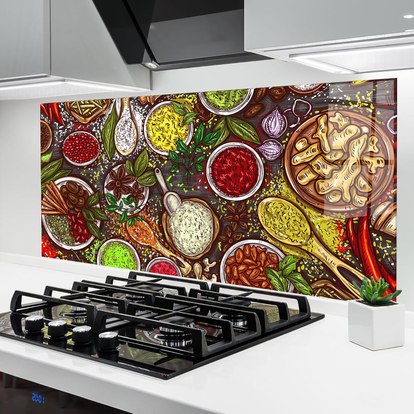ARTHUB® Küchenrückwand aus Glas 50x70 cm, 5mm ESG | Spritzschutz, Glasplatte, Herdspritzschutz, Wandschutz für Herd, Hartglas, Lebensmittel, Gewürze, Heart Spice Powders