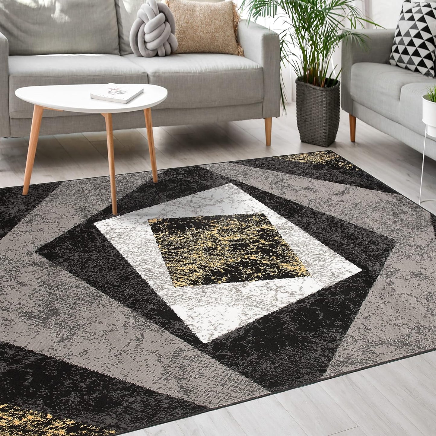 Mazovia Modern Rug, Short Pile, Oeko-Tex Rug for Living Room, Bedroom, Dining Room, Robust and Easy to Clean, Low Pile Height, Grey Yellow, 120 x 170 cm