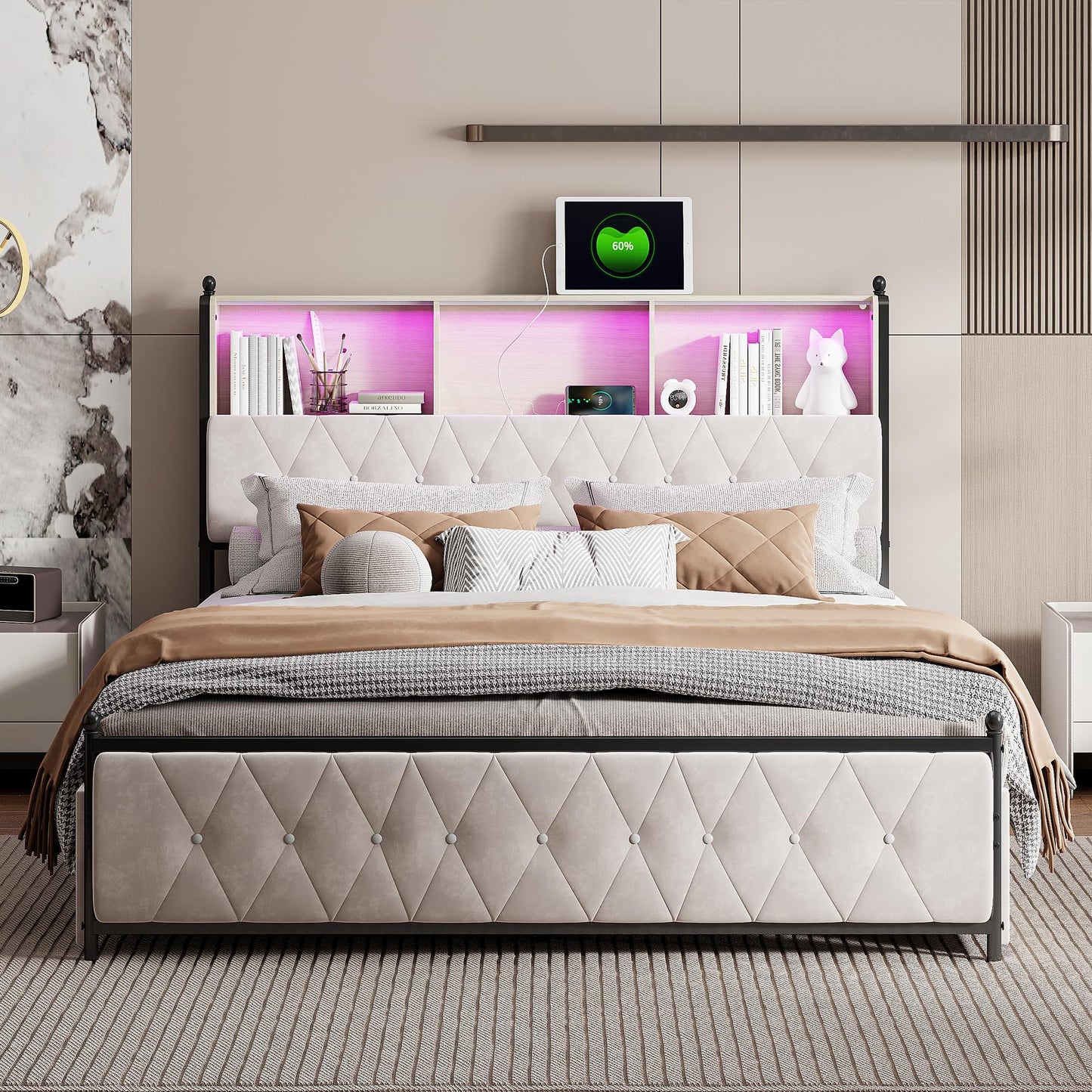 WOBOPCG Upholstered Double Bed 140 x 200, Hydraulic Storage Bed with Slatted Bases, Double Bed with Storage Space, Functional Bed with Storage Space (Grey + Flannel, 140 x 200)