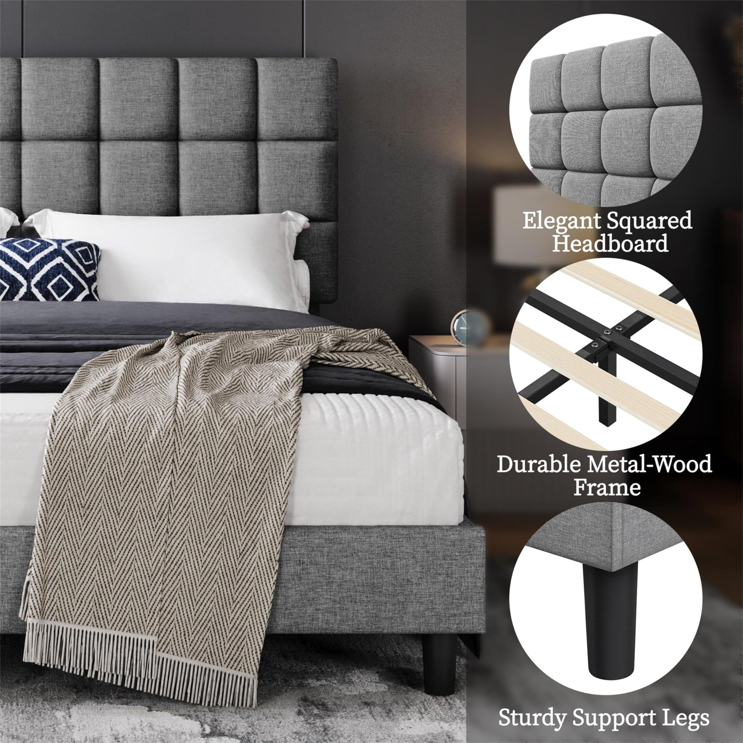 Yaheetech Upholstered Bed 140 x 200 cm Double Bed with Height-Adjustable Headboard, Sturdy Bed Frame, Fabric Bed with Slatted Frame, Padded Bed Frame, Youth Bed, Dark Grey