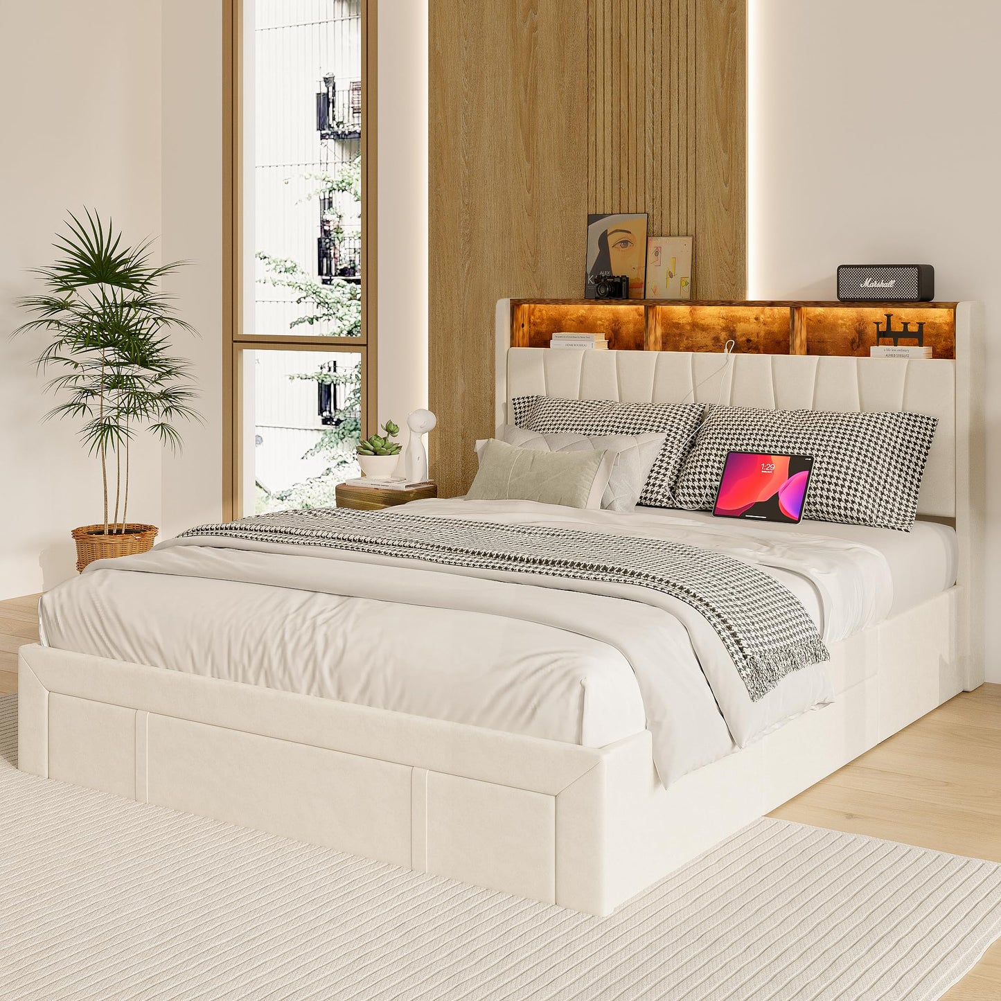 WOBOPCG Upholstered Double Bed 140 x 200, Hydraulic Storage Bed with Slatted Bases, Double Bed with Storage Space, Functional Bed with Storage Space (Grey + Flannel, 140 x 200)