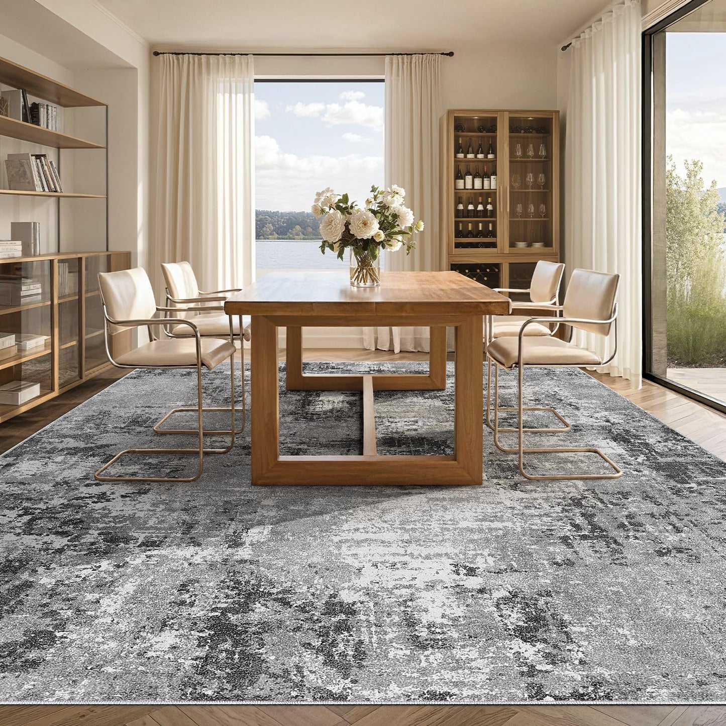 Tortania Washable 5x7 Area Rug for Living Room: Modern Abstract Neutral Large Soft Thin Rugs - Non Slip Indoor Carpet for Bedroom Dining Room Office Nursery Home Floor Decoration - Grey