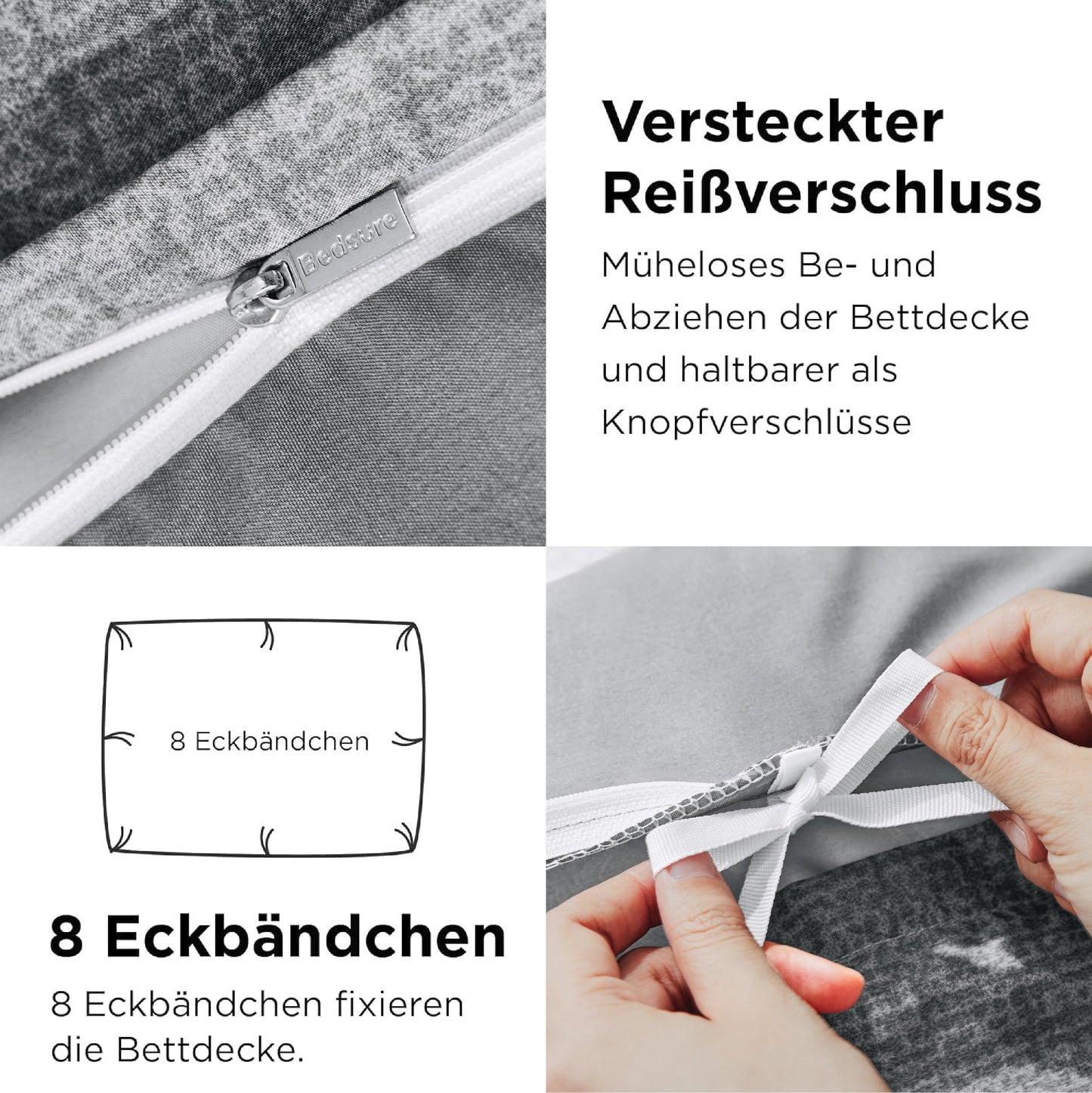 BEDSURE Bettwäsche 135x200 4teilig Bettbezug - Bettwäsche-Sets 135 x 200 cm 2er Set mit 2 Kissenbezüge 80x80cm, ÖKO-TEX Wendebettwäsche Bedding Zweige Grau Muster mit Reißverschluss