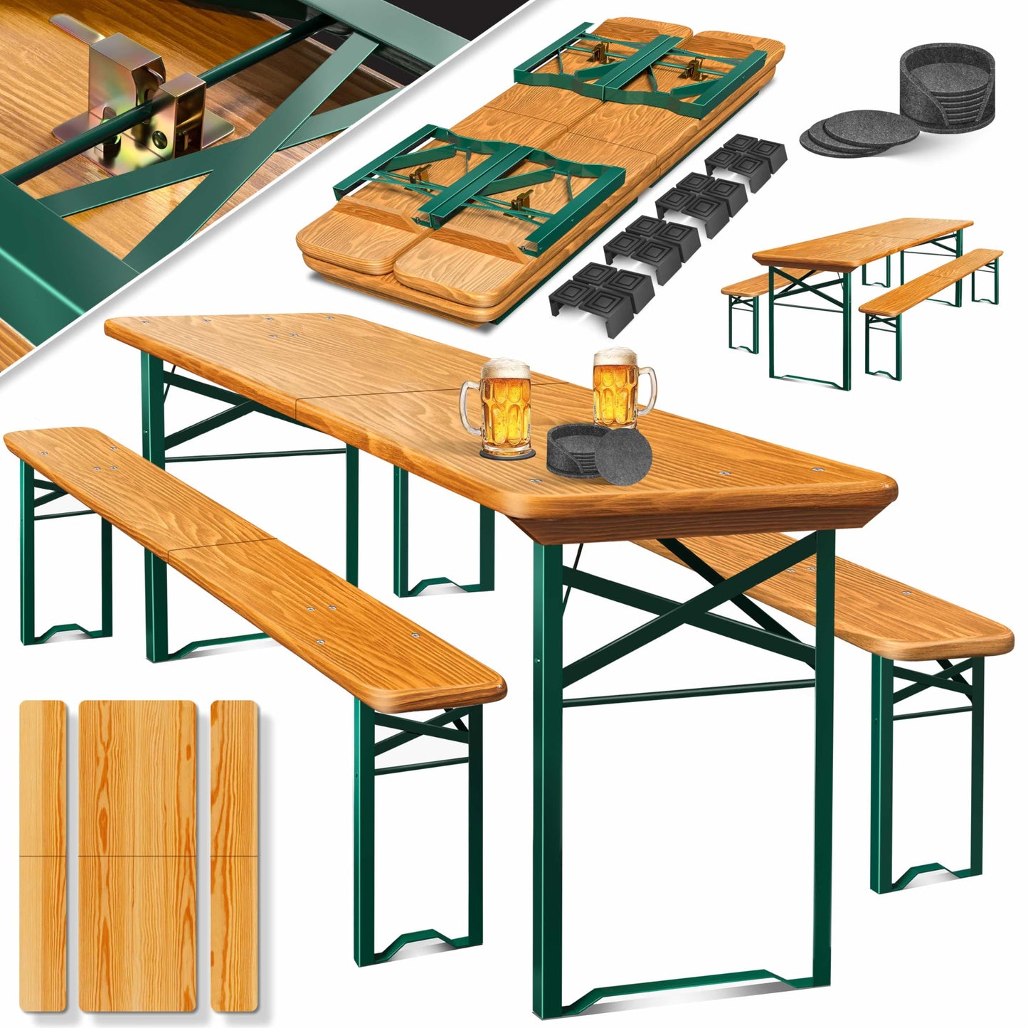 KESSER® Bierzeltgarnitur 3 teilig Gartenmöbel-Set | Klappbar 220 x 50 x 77cm | 2X Bierbänke 1x Biertisch | Festzeltgarnitur Biertisch Stehtisch Sitzgarnitur Holz 16-teiliges Bodenschoner-Set