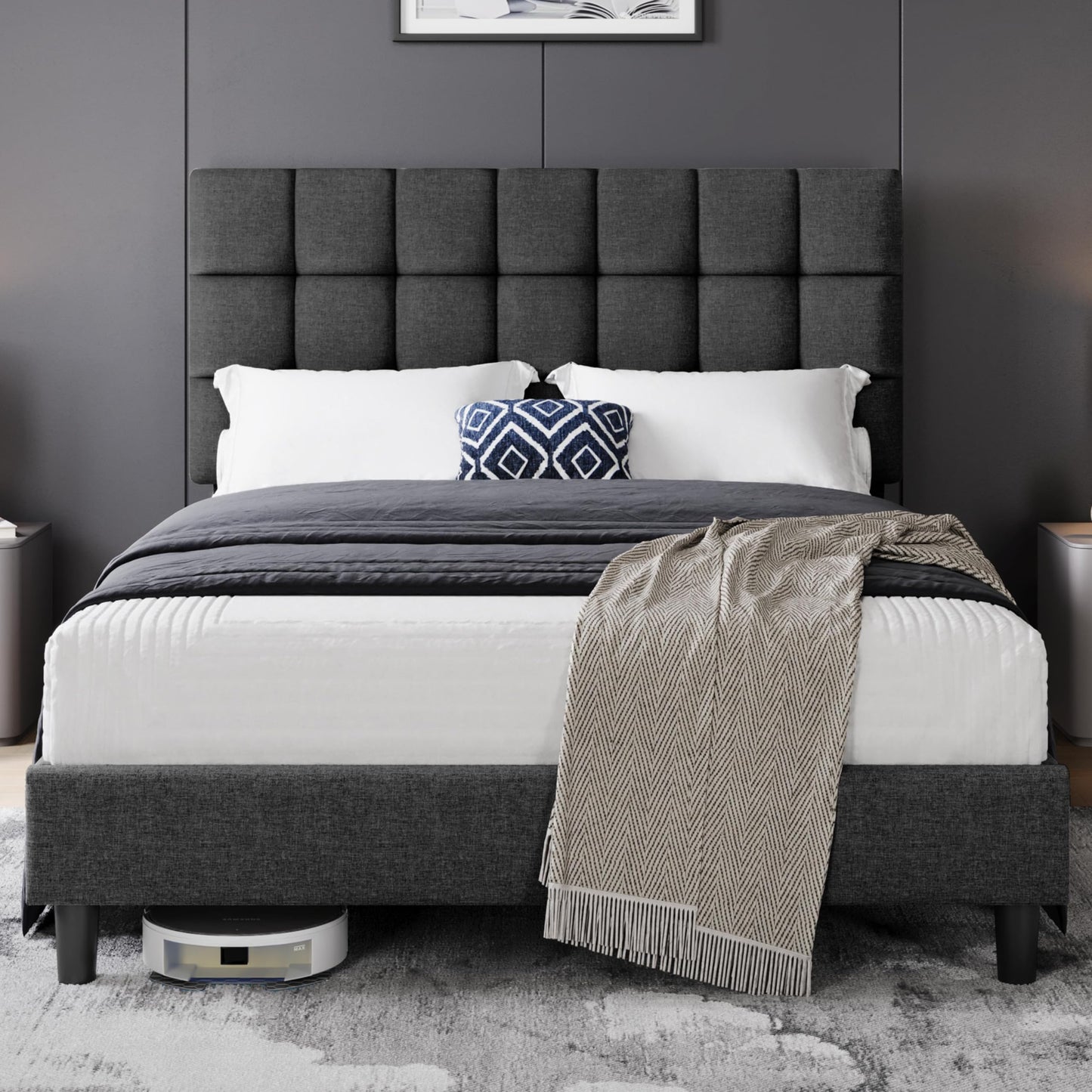 Yaheetech Upholstered Bed 140 x 200 cm Double Bed with Height-Adjustable Headboard, Sturdy Bed Frame, Fabric Bed with Slatted Frame, Padded Bed Frame, Youth Bed, Dark Grey