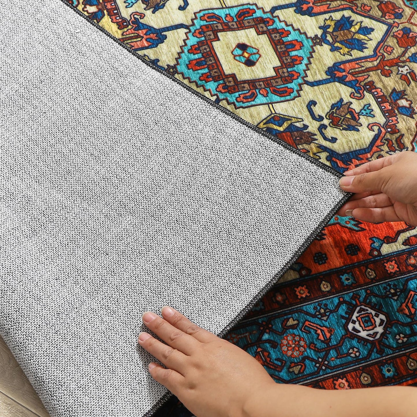 WONGS BEDDING Boho Rug Living Room Bedroom Short Pile Rugs Washable Soft Non-Slip Vintage Design