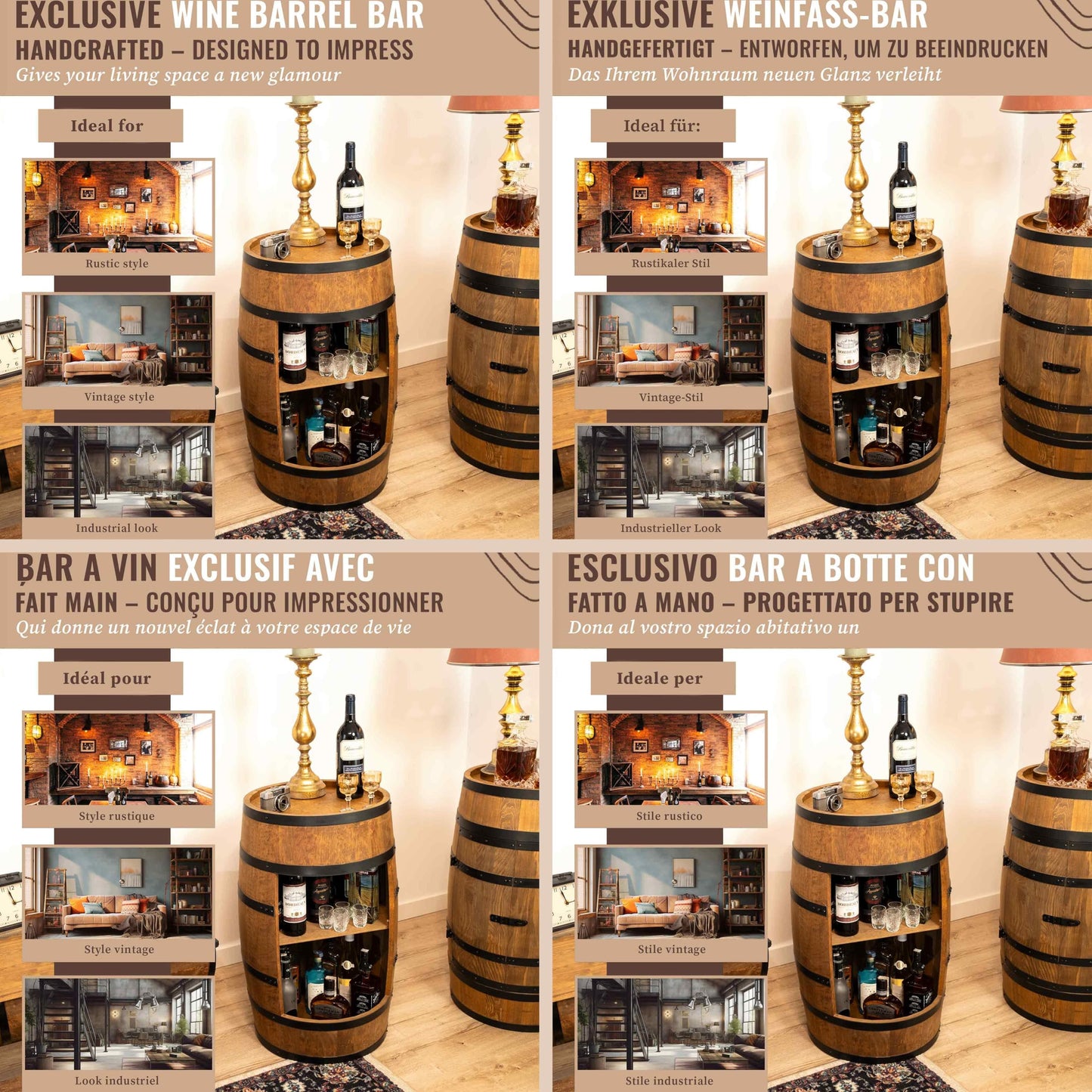 CREATIVE COOPER Wine Barrel Bar Table - Mini Bar Shelf Round - Alcohol Shrank Bottle Rack Wooden Shelves - Wooden Barrel Decoration - Wine Rack - Barrel Furniture - Wine Rack - Furniture Living Room -