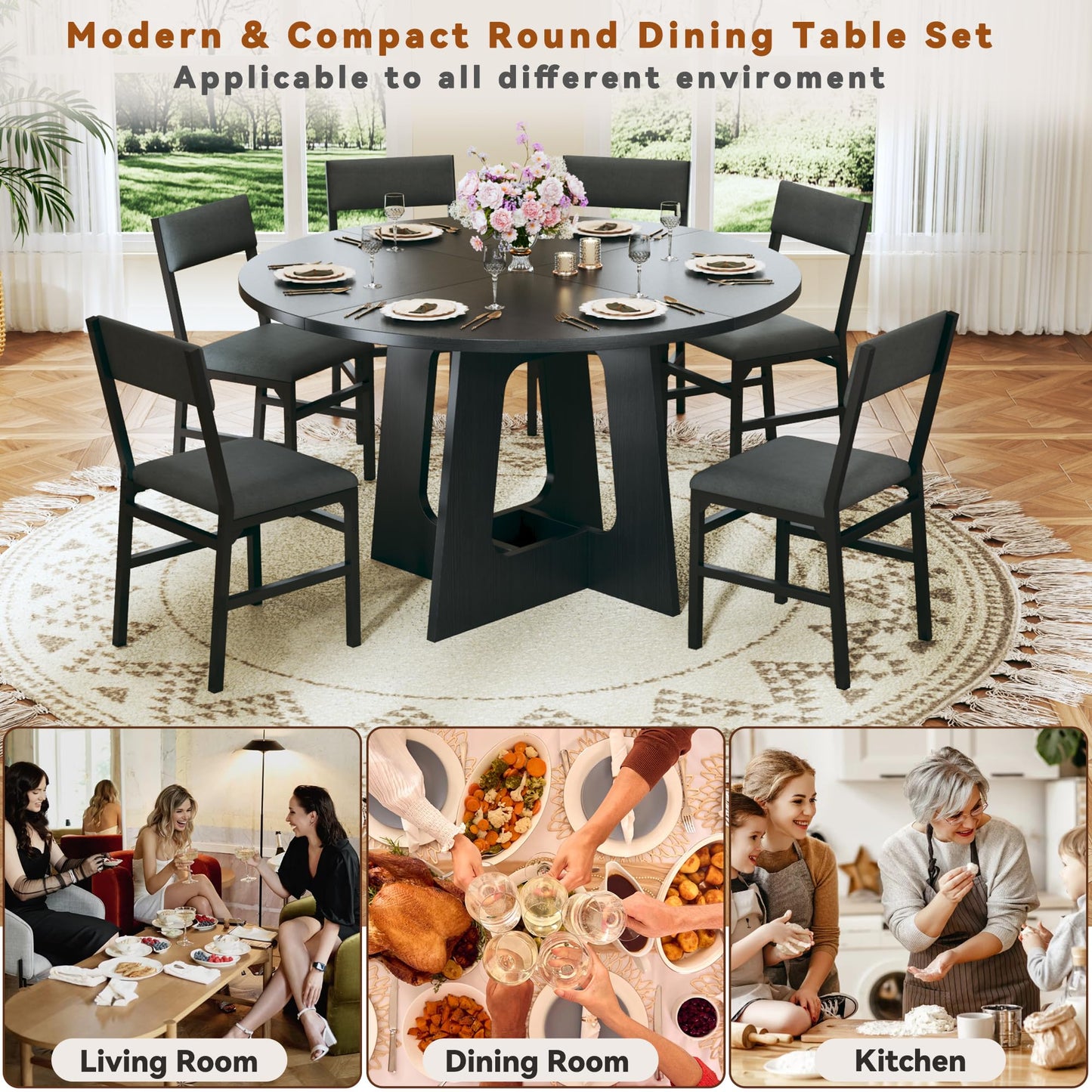 Round Dining Table Set for 6, 7-Piece Kitchen Table and Chairs for 6, 47'' Round Dining Room Table Set with 6 Chairs, Space Saving Dining Table with Wood Base for Kitchen, Living Room, Brown
