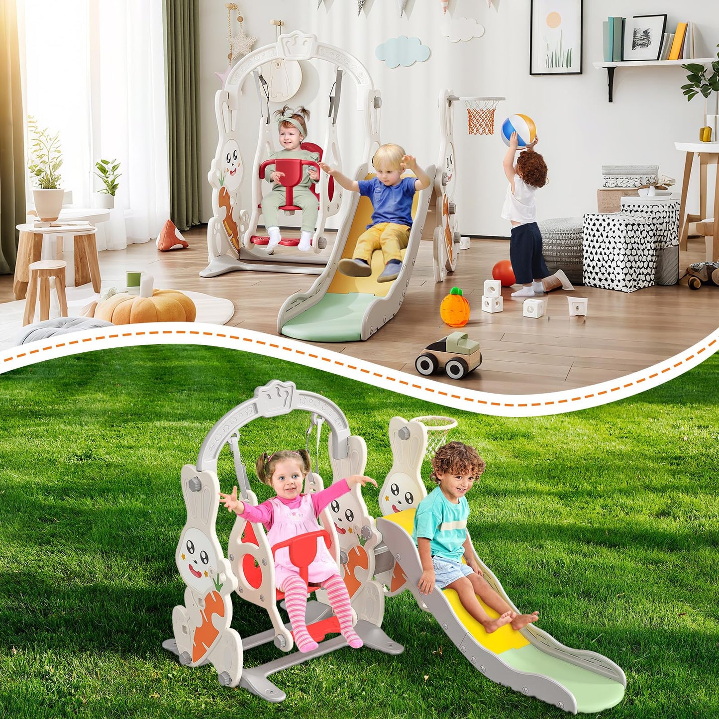 Kinderrutsche, Babyschaukel, 4 in 1, mit Schaukeln, Treppen, Gleiten, Basketballgestellen, Spielplatz für drinnen und draußen, multifunktionale Rutsche (Rosa, Kaninchen)
