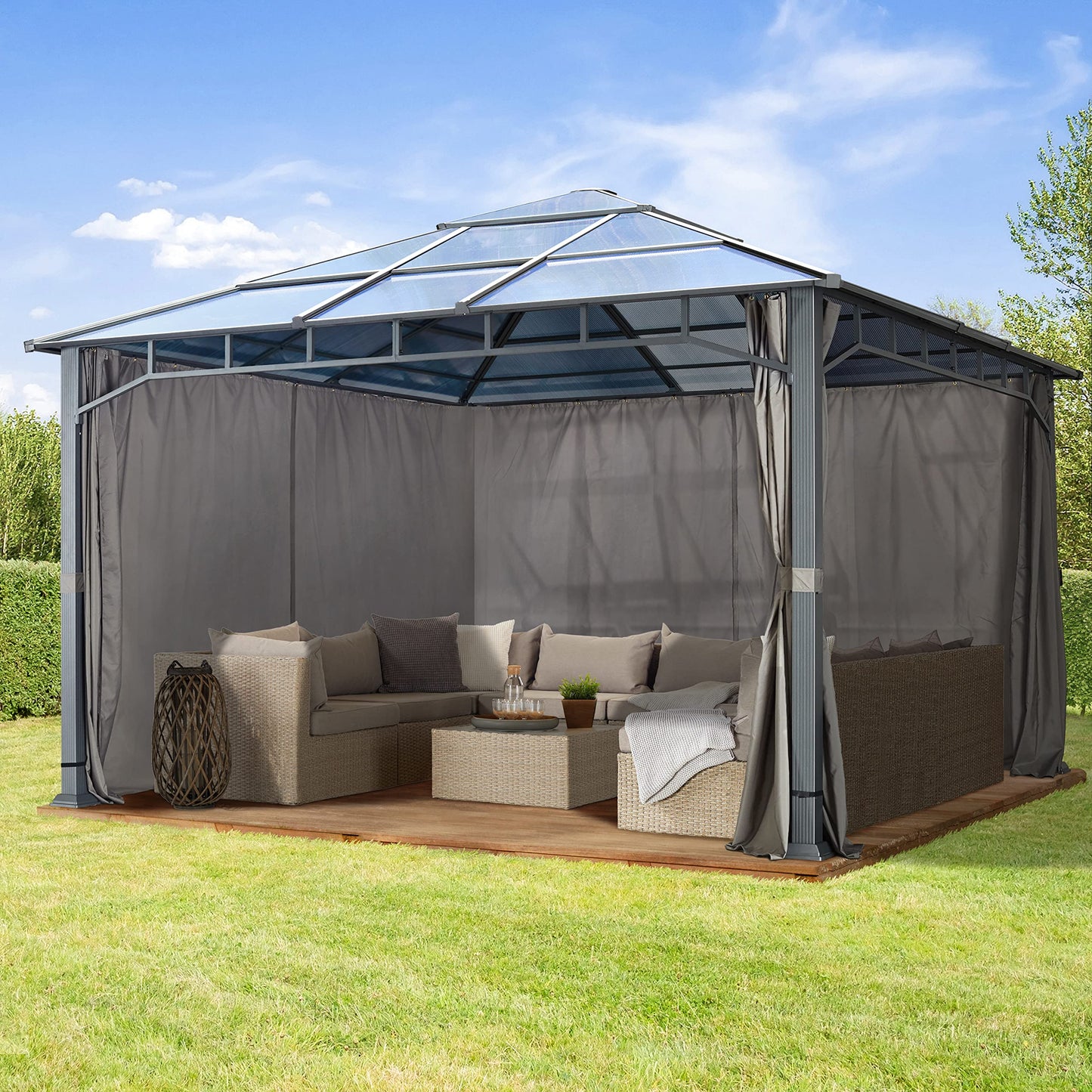 Toolport Garden Gazebo, 3 x 4 m, Waterproof, Aluminium, Deluxe, Polycarbonate Roof Approx. 8 mm, Gazebo with 4 Side Panels, Party Tent, Grey, 9 x 9 cm Profile