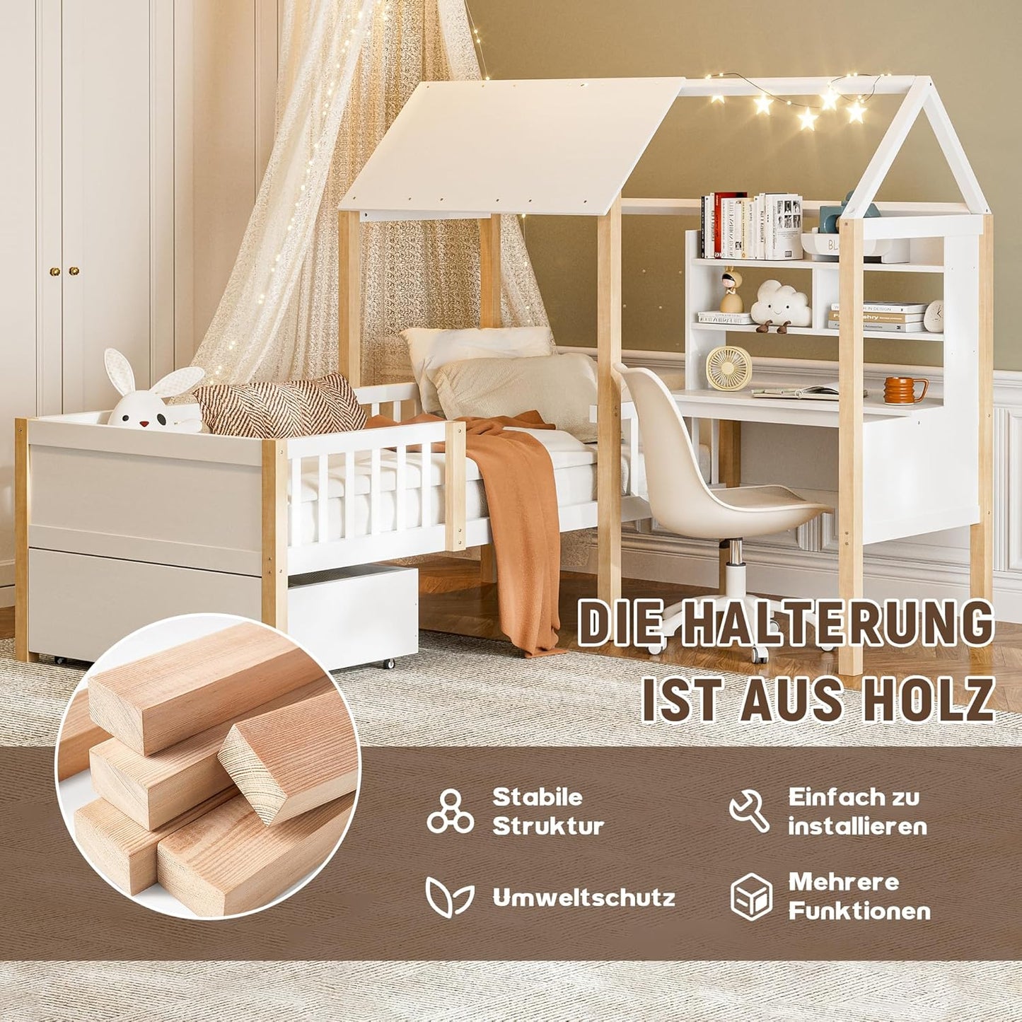 Merax Children's Bed 90 x 200 cm with Fall Protection, Children's House Bed with Drawers and Storage Shelf, Sturdy Wooden Tree House Bed with Slatted Frame, Play Bed for Boys and Girls, White