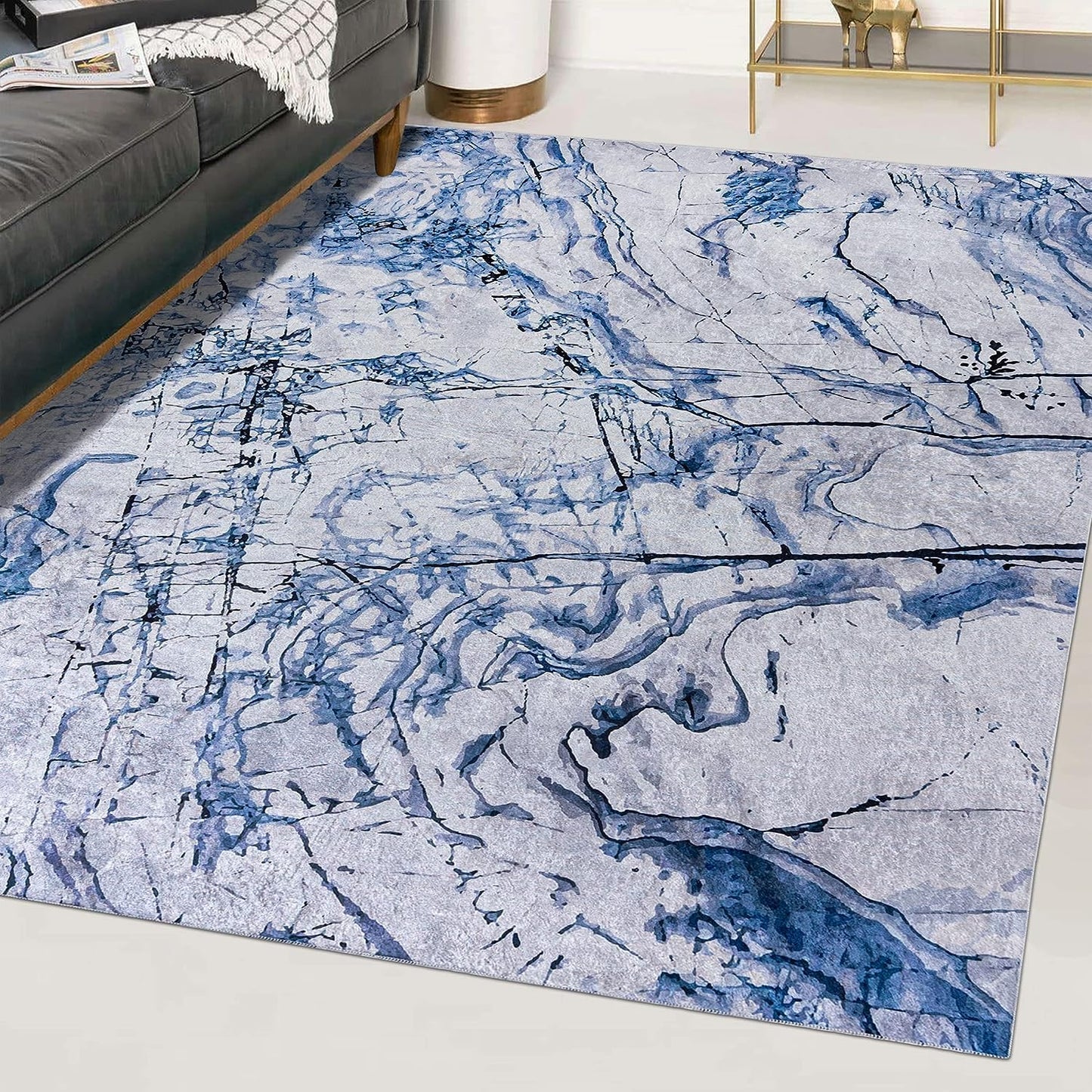 Mazovia Modern Teppich - Kurzflor Waschbar - Weich Teppich für Wohnzimmer, Schlafzimmer, Esszimmer – Teppiche Marmor Abstrakt Muster - Schwarz Gold 160 x 230 cm