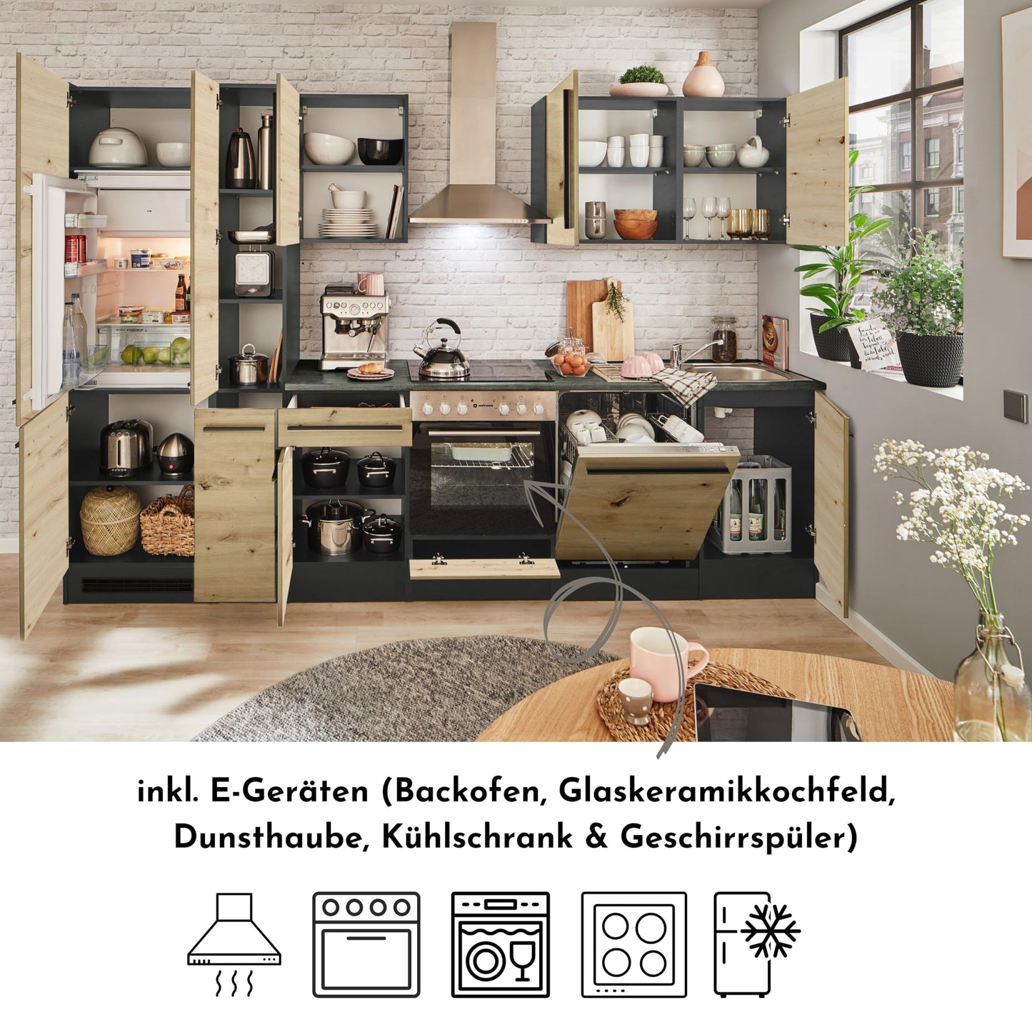 Jazz 8 Moderne Küchenzeile ohne Elektrogeräte in Anthrazit, Artisan Eiche Optik - Geräumige Einbauküche mit viel Stauraum - 220 x 211 x 60 cm (B/H/T)