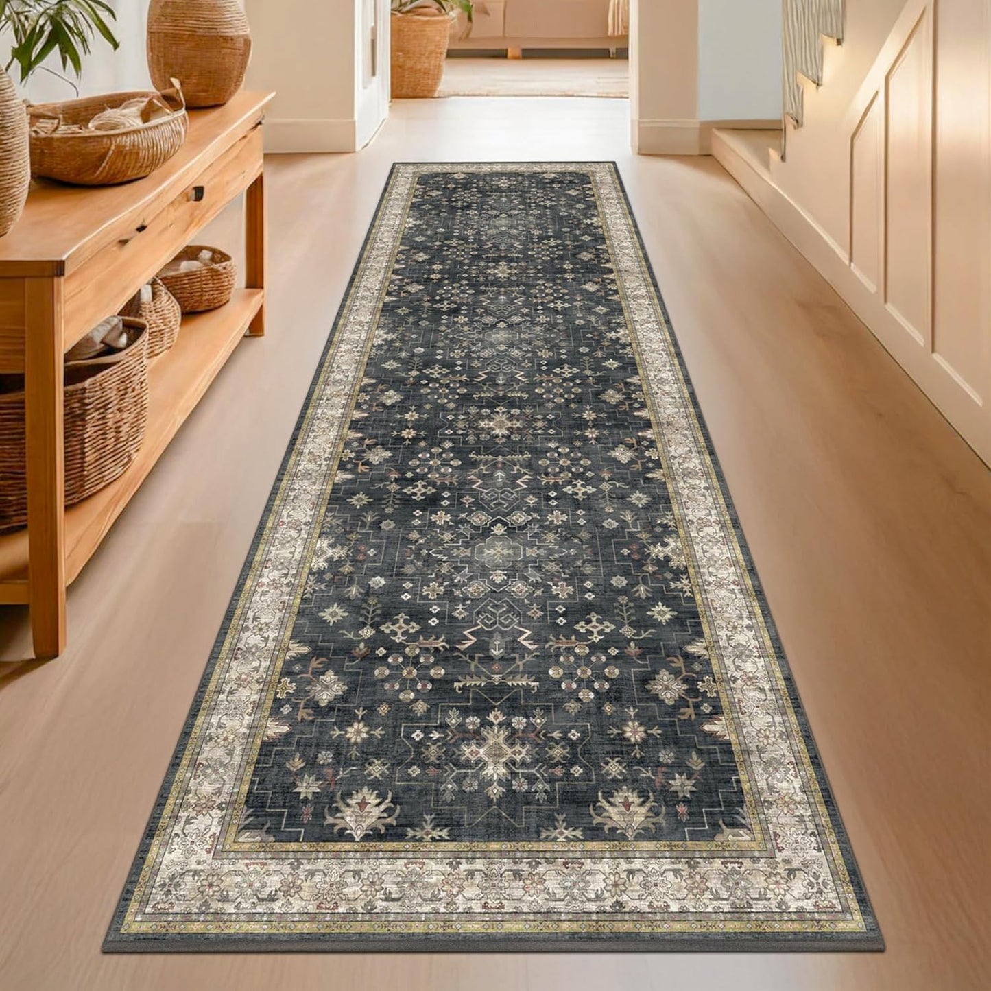 Black Washable Entry Rug, 2x3 Small Rugs for Entryway Kitchen Bathroom Door Mat Indoor Entrance, Non Slip Rubber Backing, Stain & Fade Resistant, Ashen Charcoal Floral Farmhouse Decor