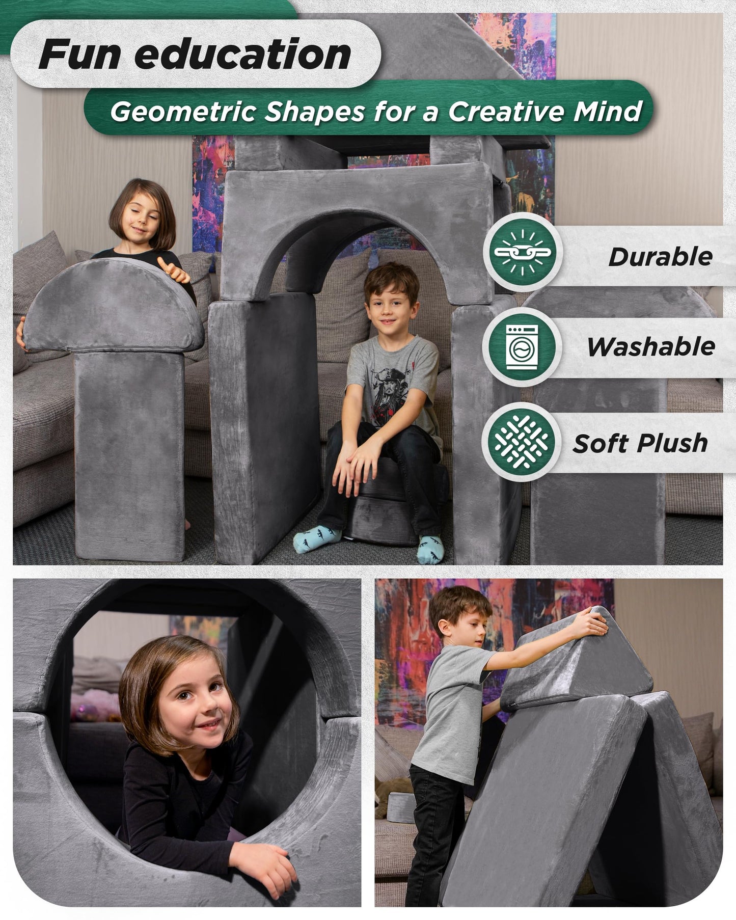 Lunix LX15 14pcs Modular Kids Play Couch, Child Sectional Sofa, Fortplay Bedroom and Playroom Furniture for Toddlers, Convertible Foam and Floor Cushion for Boys and Girls, Gray