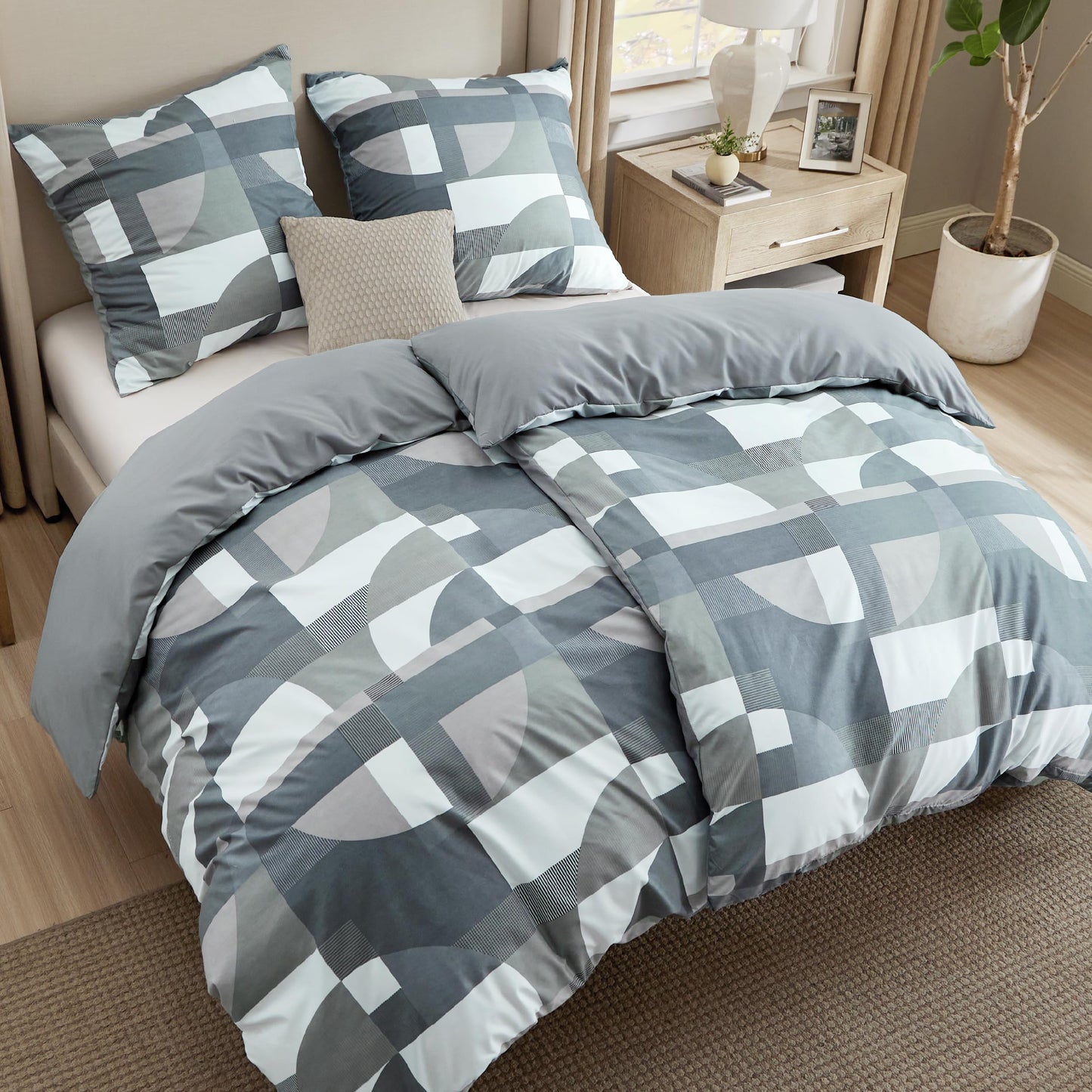 BEDSURE Bettwäsche 135x200 4teilig Bettbezug - Bettwäsche-Sets 135 x 200 cm 2er Set mit 2 Kissenbezüge 80x80cm, ÖKO-TEX Wendebettwäsche Bedding Zweige Grau Muster mit Reißverschluss