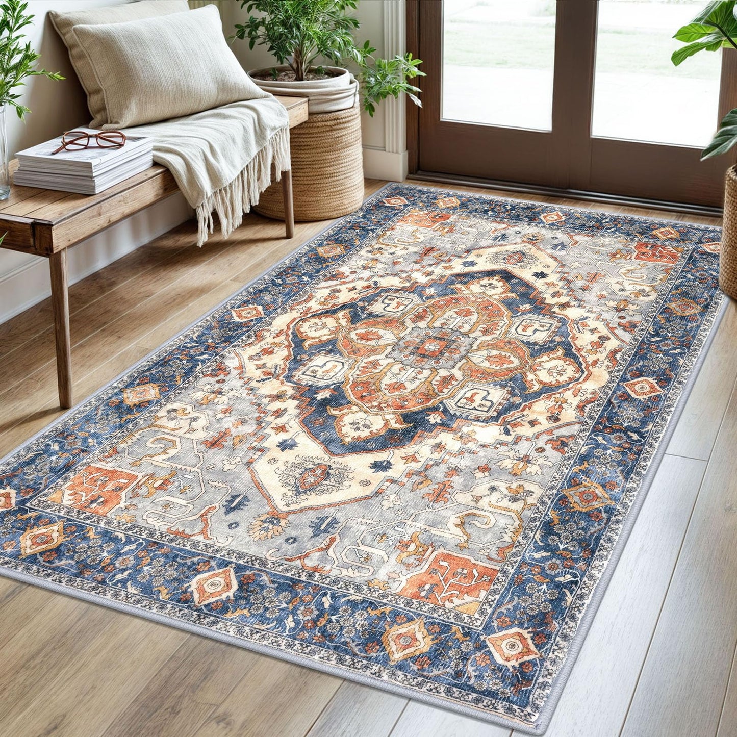 2x3 Blue Washable Rug for Entrance, Soft Traditional Area Rug, Non-Slip Printed Kitchen Rugs, Low-Pile Medallion Indoor Door Mat, Small Farmhouse Carpet for Entryway Kitchen Foyer Bedside