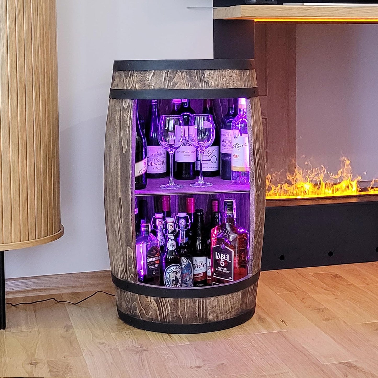 weeco Weinfass als Weinregal - Weinschrank Barschrank LED RGB Leuchten, Bar Tisch aus Holzfass, Wein Rack Flaschenständer deko Fassbier/hausbar Komodenschrank Holz Fass fur Wohnzimmer