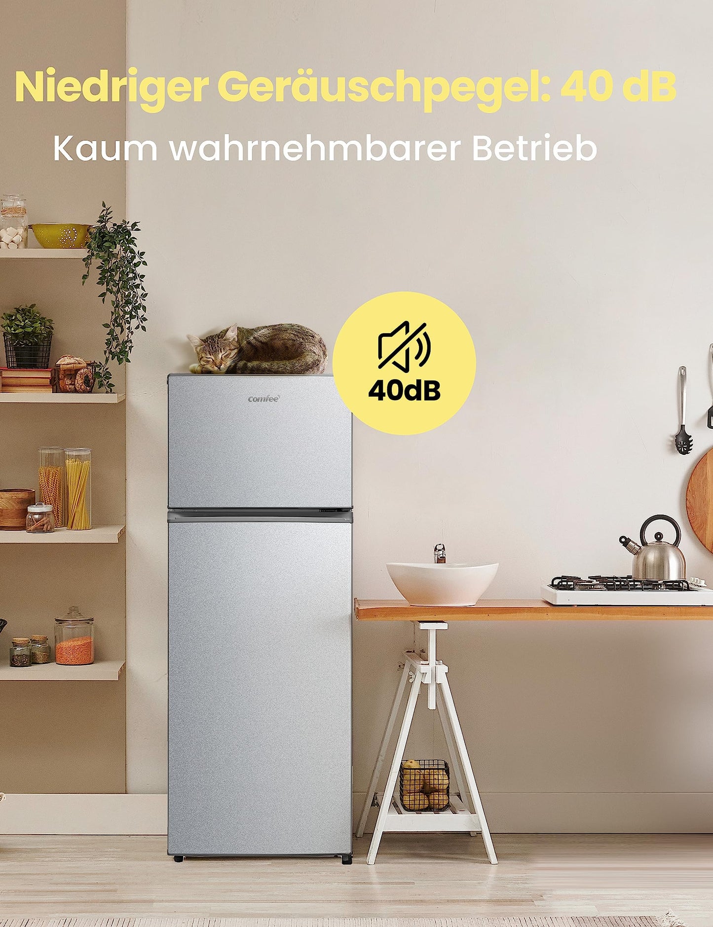 Comfee RCT284DK2A Fridge/Freezer, Top Freezer Compartment, 176 kWh/Year, 143 cm Height, LED Light, Reversible Door Hinge, Black