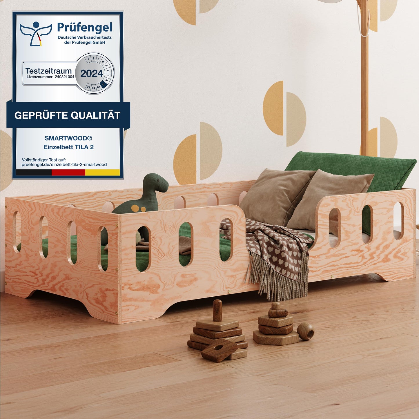 smartwood Montessori Wooden Floor Bed 60 x 120 cm Grey with FSC Certificate TILA 2 with Fall Protection and Slatted Frame Maximum Load 230 kg Easy Assembly