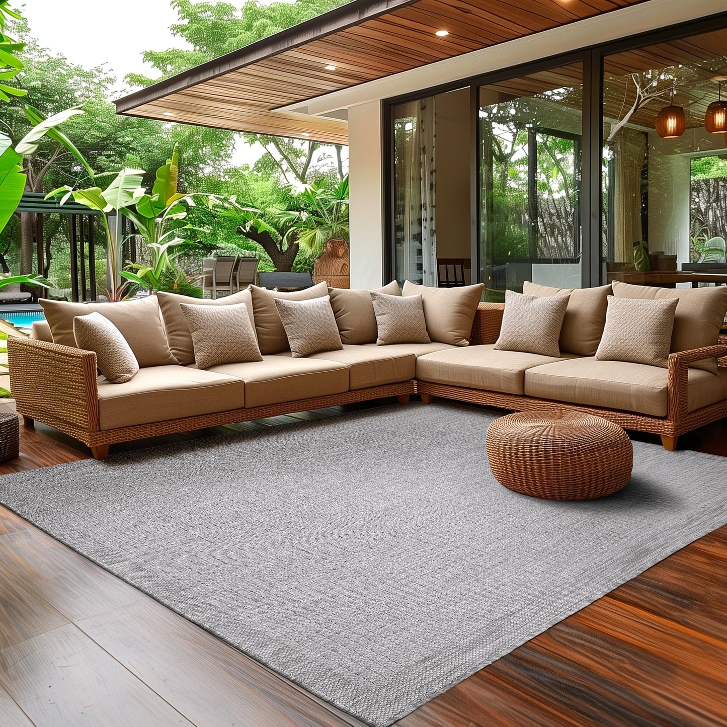 SIMPEX Outdoor Weatherproof Rug for Patio, Balcony, Garden, Kitchen, Plain Design, Flat Weave, Sisal Look, Washable Rug, Size: 140 x 200 cm, Colour: Beige