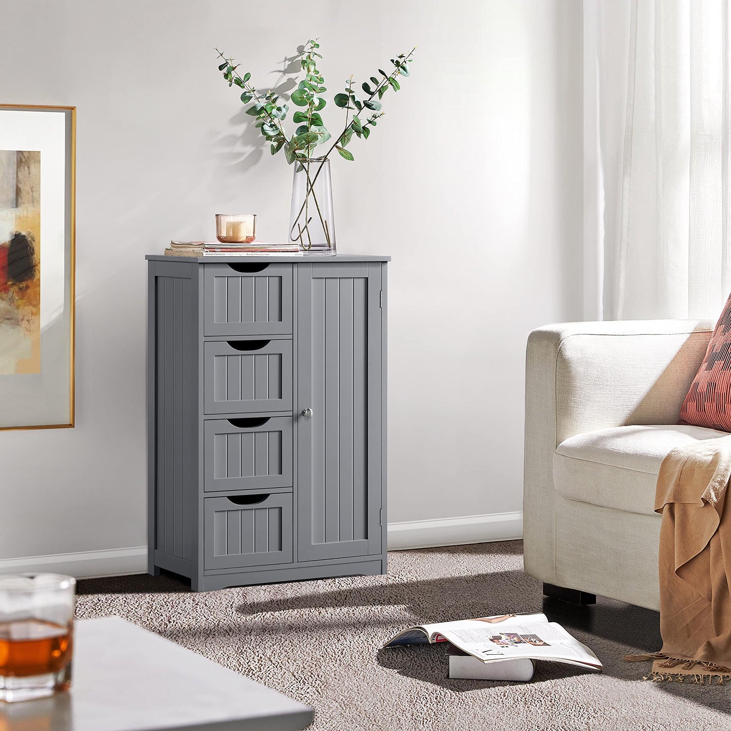 Yaheetech Bathroom Cabinet Floor Cabinet with 4 Drawers and 2 Doors Bathroom Cabinet Floor Cabinet with Height-Adjustable Shelf for Bathroom Living Room Hallway Kitchen White