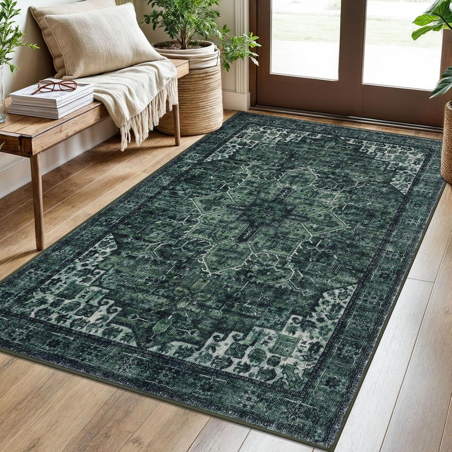 2x3 Blue Washable Rug for Entrance, Soft Traditional Area Rug, Non-Slip Printed Kitchen Rugs, Low-Pile Medallion Indoor Door Mat, Small Farmhouse Carpet for Entryway Kitchen Foyer Bedside