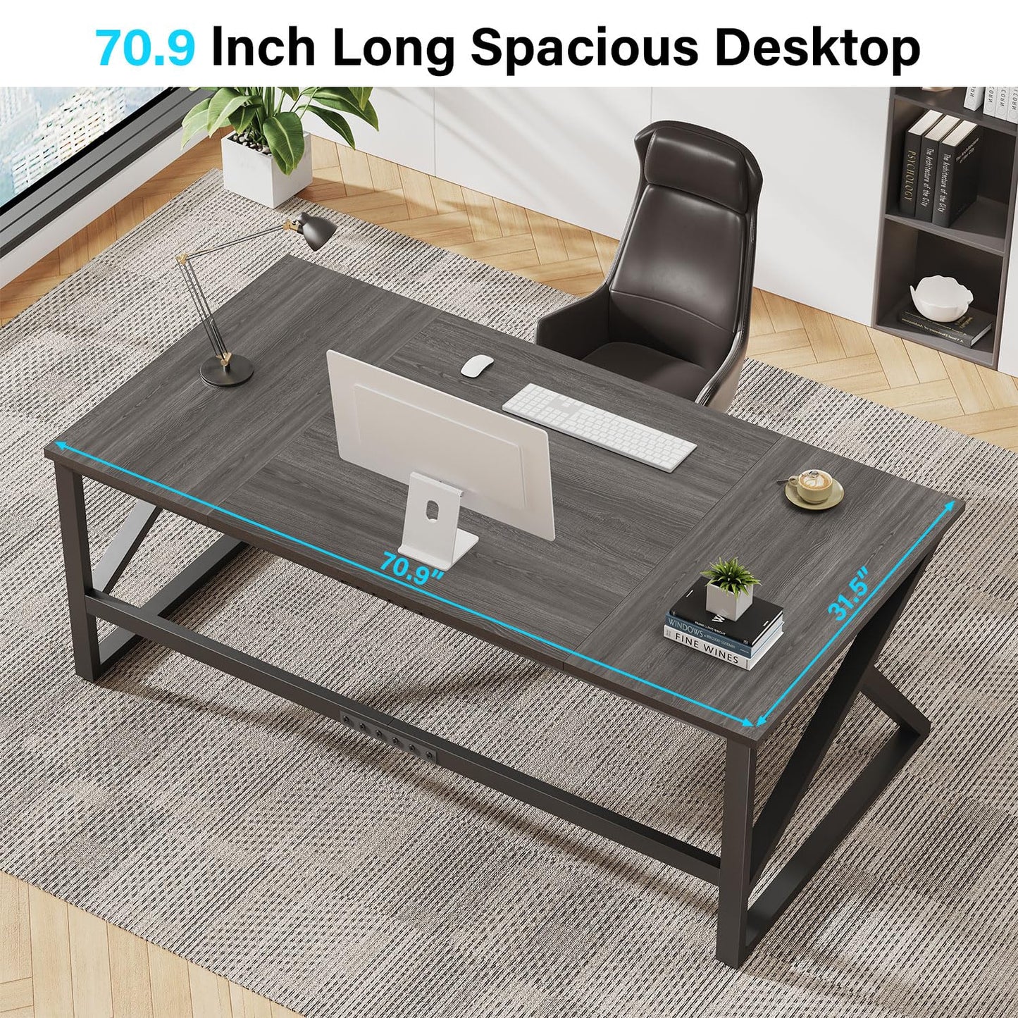IBF Desk in Brown Colour with a Length of 70 Inches, Industrial Large Double Metal and Wood Desk for Computer, Long Office Table for Home