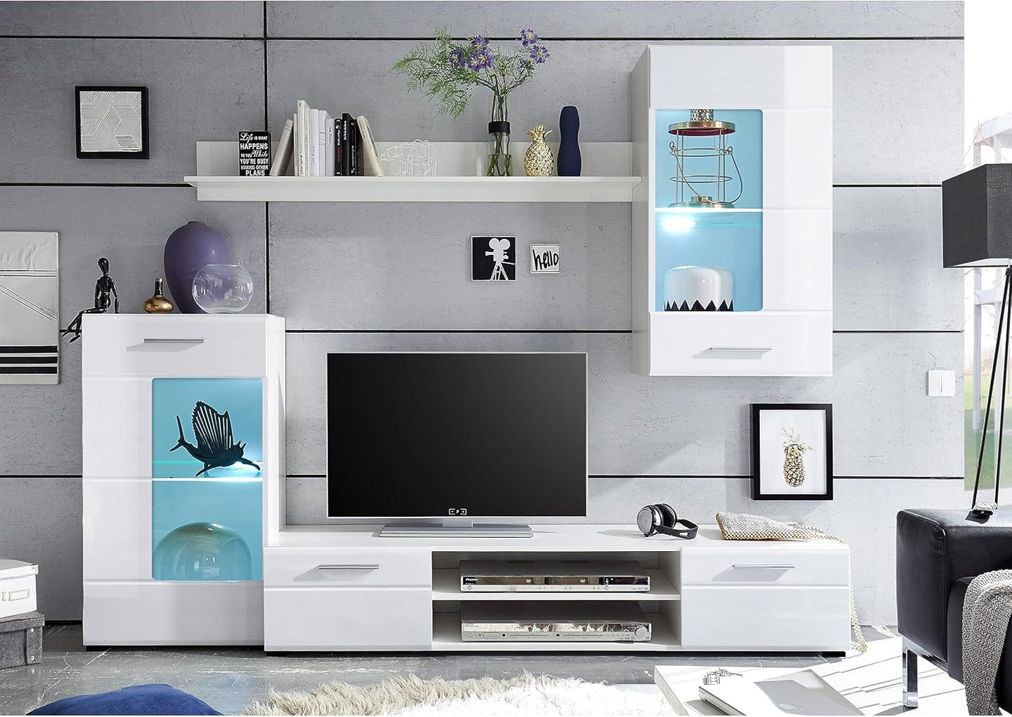 Shot Wall Unit Complete Set in White High Gloss – Modern Cabinet Wall Unit with Lots of Storage Space for Your Living Room – 230 x 190 x 40 cm (W x H x D)