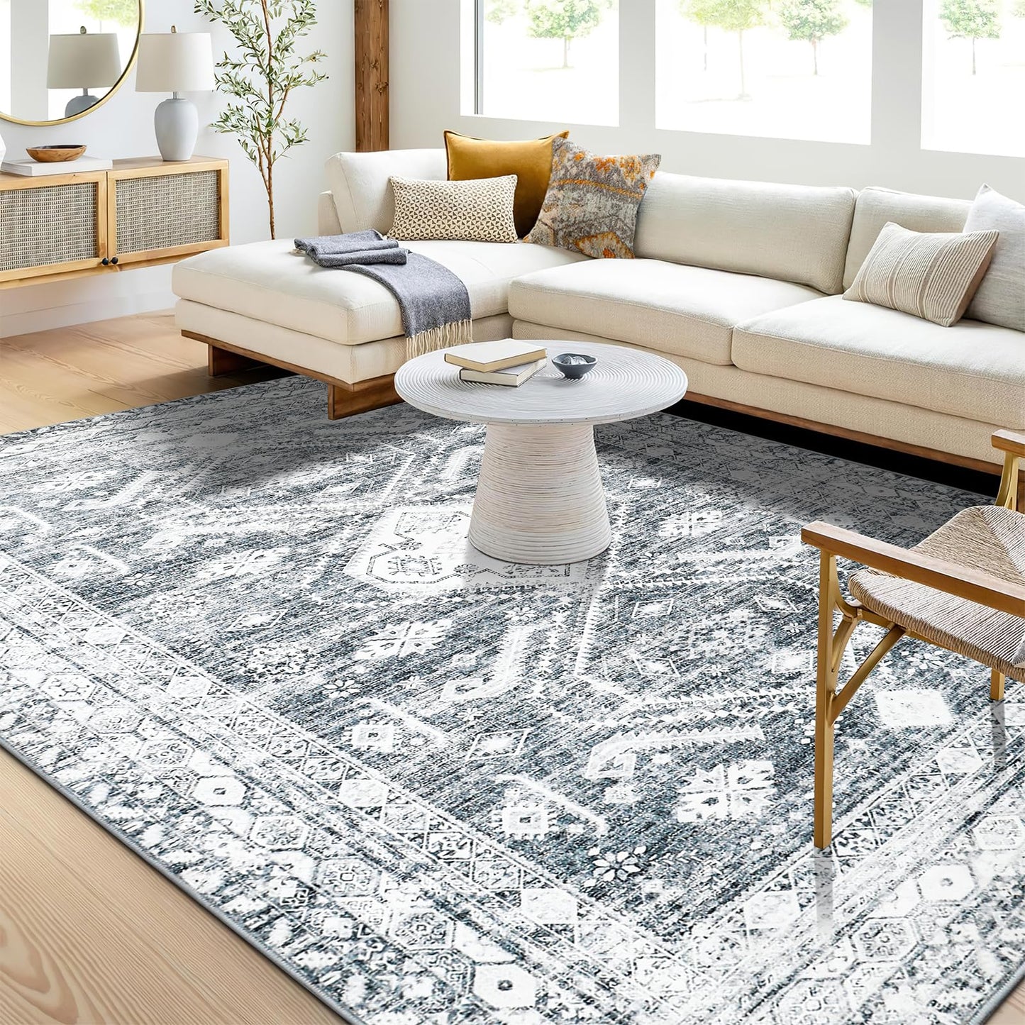 WONGS BEDDING Boho Rug Living Room Bedroom Short Pile Rugs Washable Soft Non-Slip Vintage Design