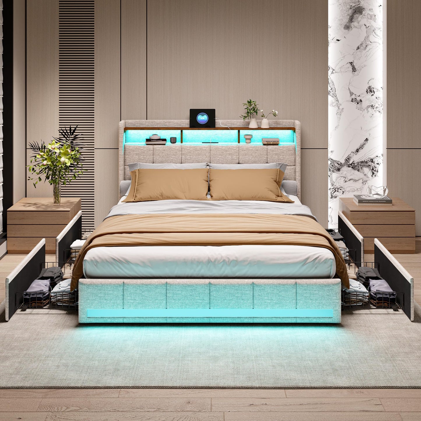 KeepGoon Doppelbett 140 x 200 cm,Polsterbett mit LED-Leuchten, 4 Eisenschubladen und einem USB Ladeanschluss,Stauraumbetten Bettgestell,Leinenstoff (Beige)