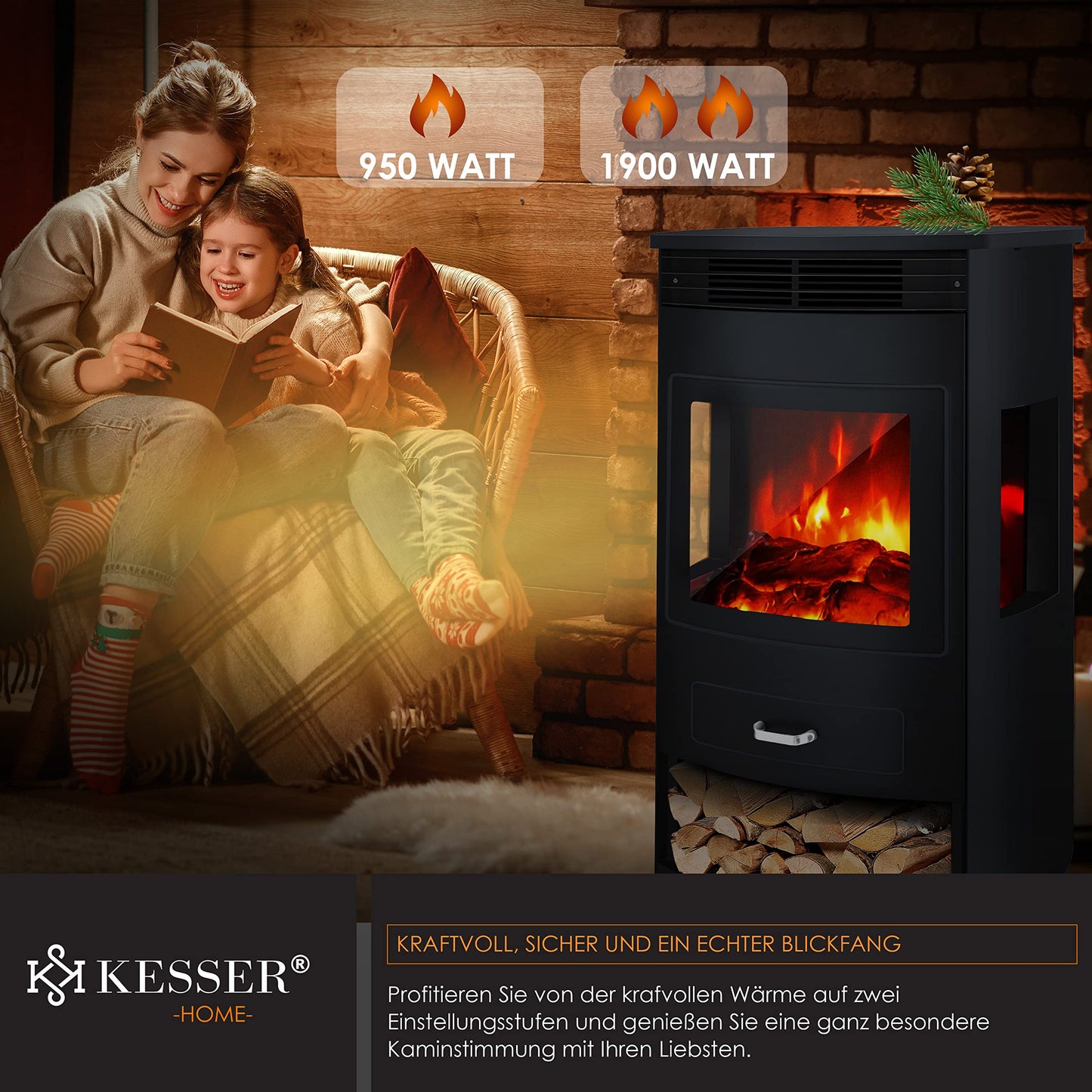 KESSER® Prio Electric Fireplace with Heater Fan Heater Remote Control 950/1900 W Fireplace Electric LED Flame Effect Fireplace Electric Fireplace with Thermostat 3-Piece Panoramic Viewing Window Heating Function Timer