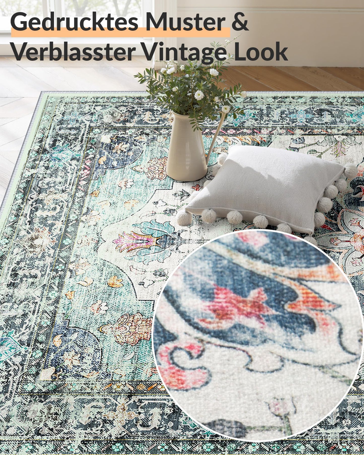 INOVADAY Vintage Waschbarer Teppich Wohnzimmer 90x150 cm Boho Kurzflor rutschfest Teppich Weich Teppiche mit Druckmuster für Schlafzimmer, Esszimmer, Büro Beige/Blau/Orange